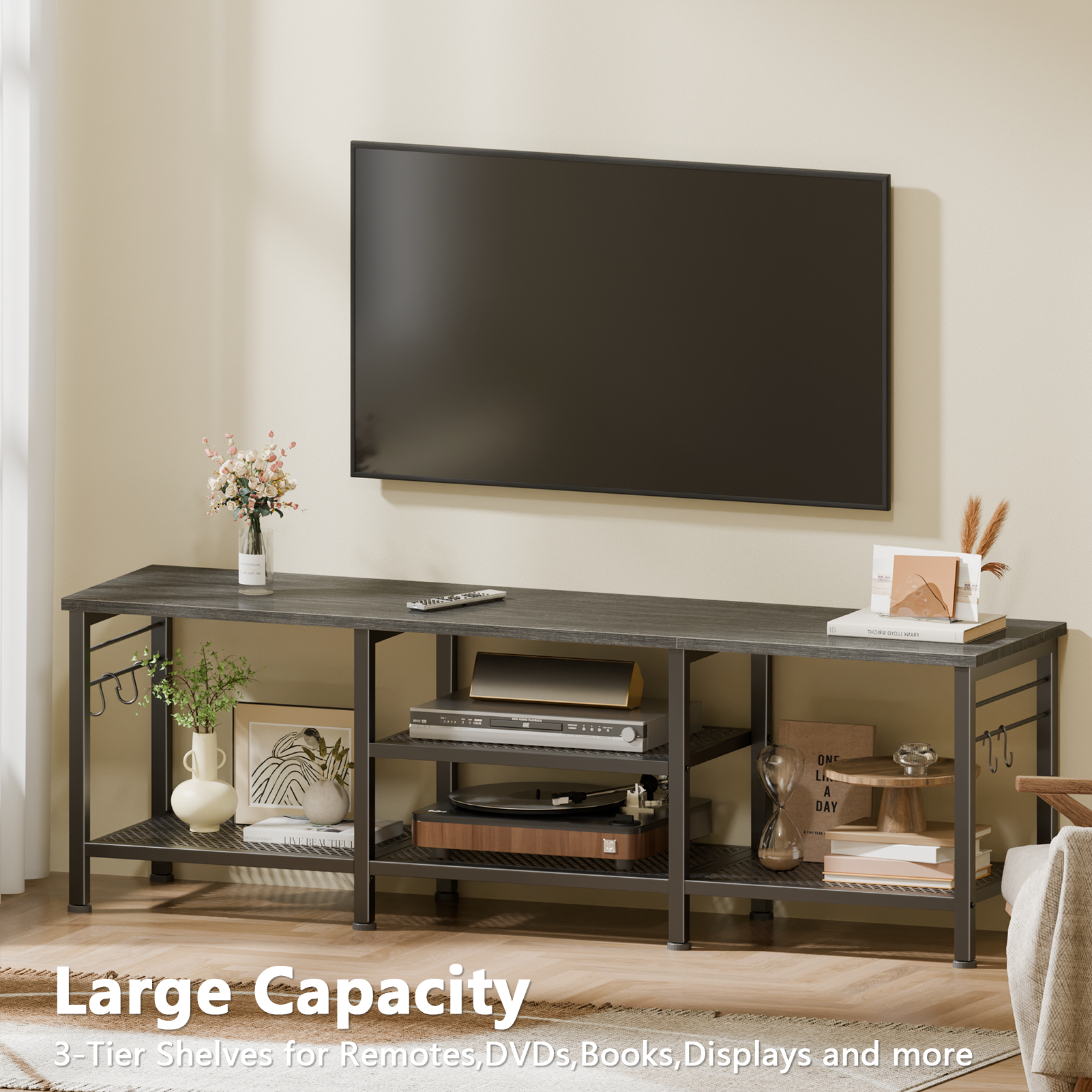 55 Inch Black Oak TV Stand for TVs up to 65 Inch Media Console Entertainment Center Open Storage Shelves Soundbar Shelf Modern Living Room Unit