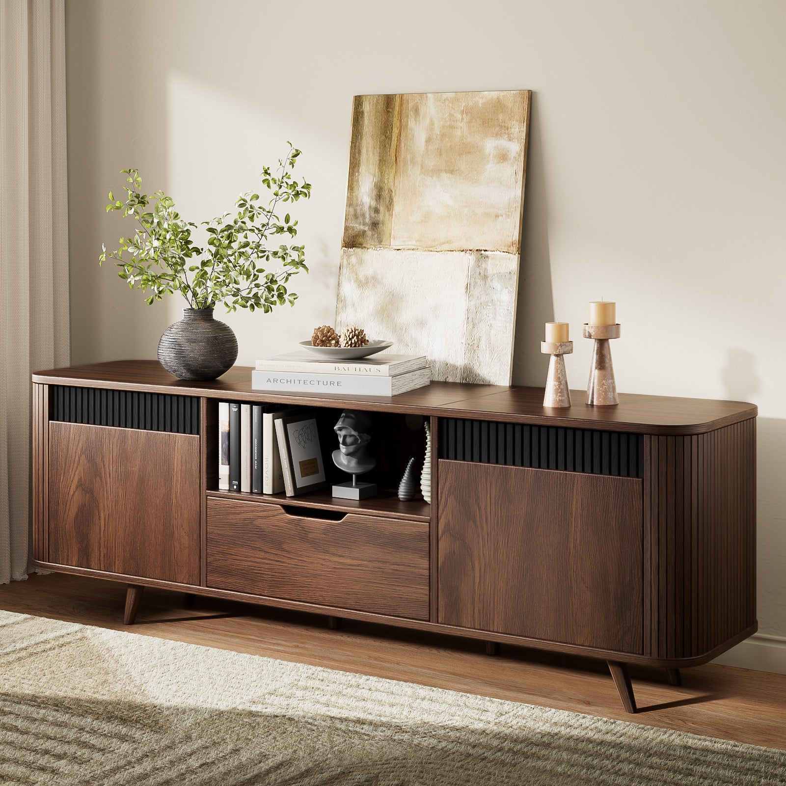 55-in TV Stand with Storage for TVs up to 65-in With Drawer slides Tambour Media Console With Charging Station Shelves Cable Management Wood Legs walnut