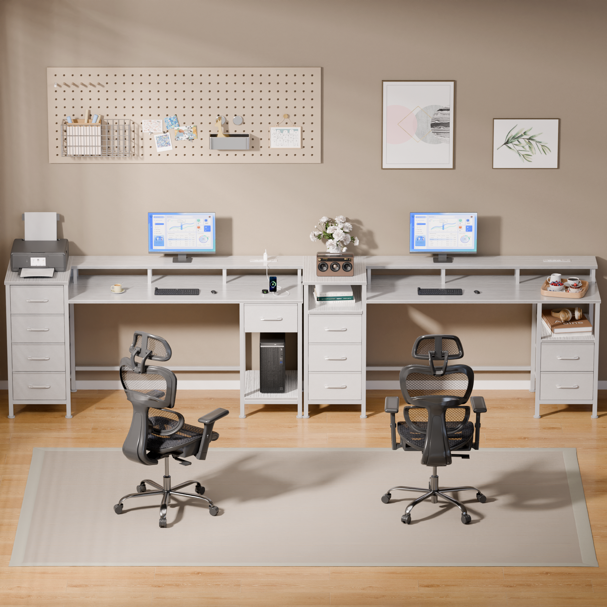 55 Inch White Computer Desk with Charging Station Reversible Gaming Desk LED Lights Fabric Drawers Home Office Writing Table Bedroom Study Storage
