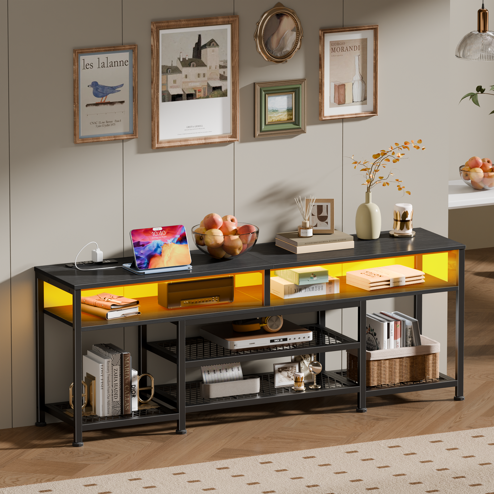 Qwatto 63 Inch Black TV Stand with Charging Station LED Lights Entertainment Center for TVs up to 70 Inch Media Console Storage Shelves Living Room