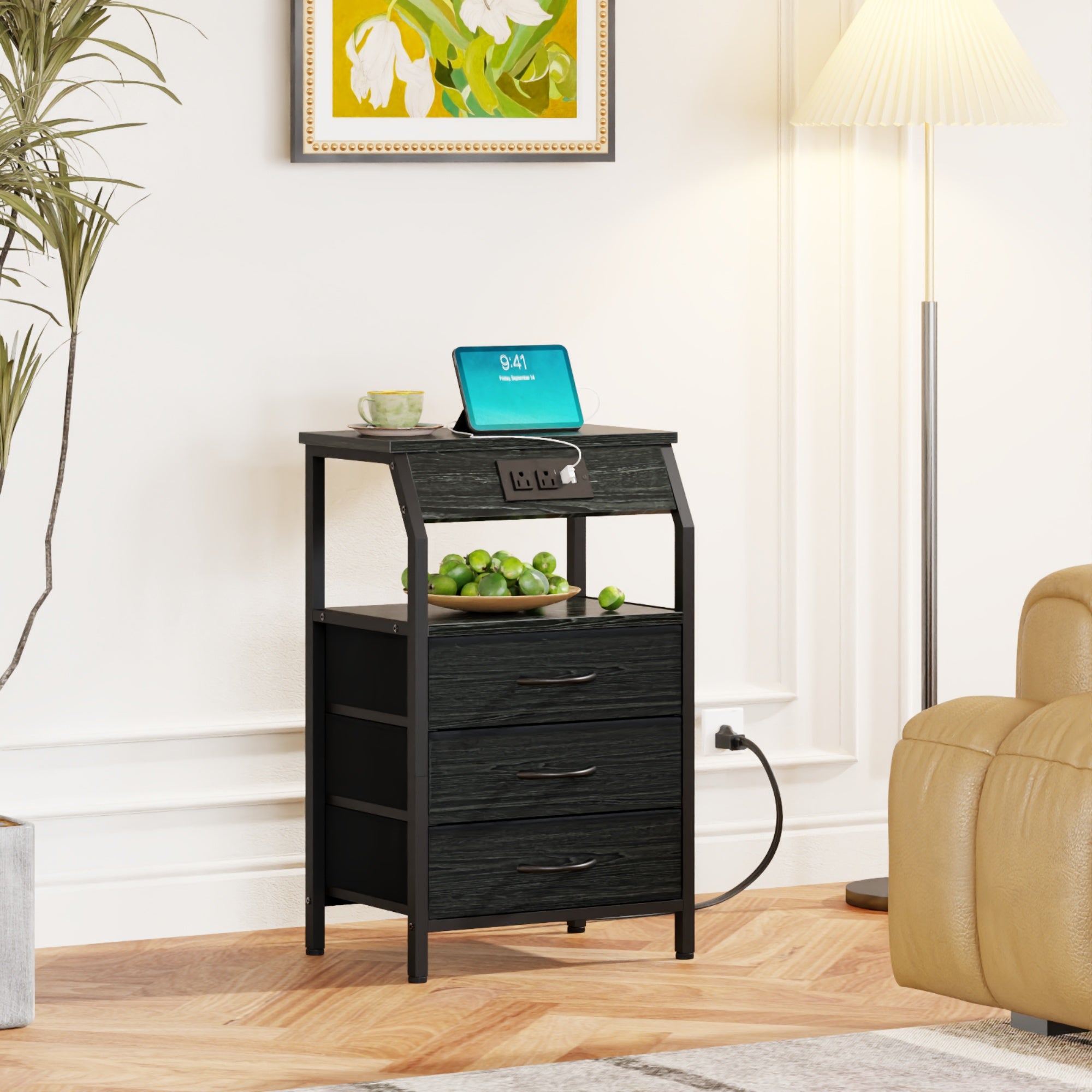 Furnulem Nightstands with 3/4/5 Drawers & Outlets, Bedside Tables with 2 USB Ports & 2-Tier Open Shelf