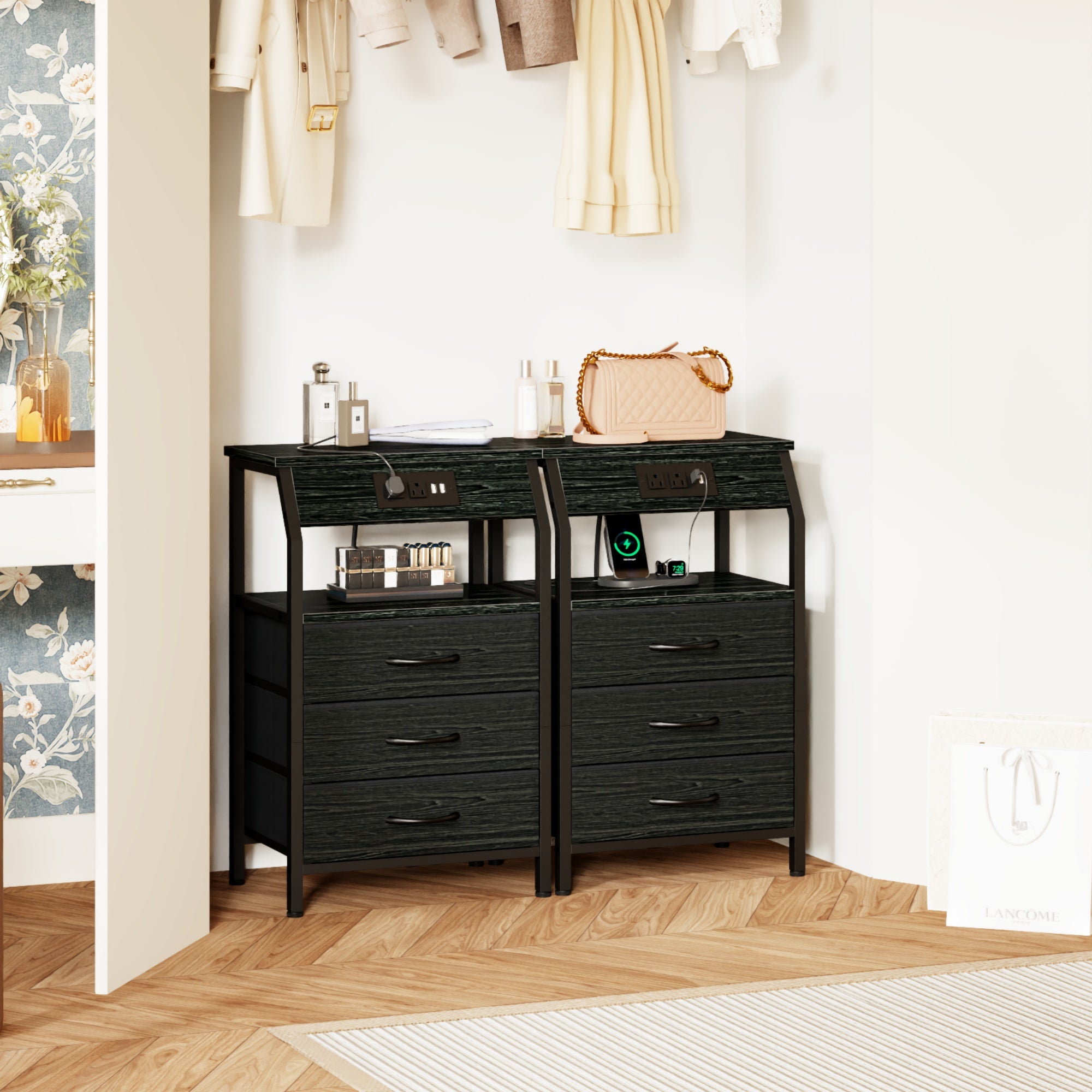 Furnulem Nightstands with 3/4/5 Drawers & Outlets, Bedside Tables with 2 USB Ports & 2-Tier Open Shelf