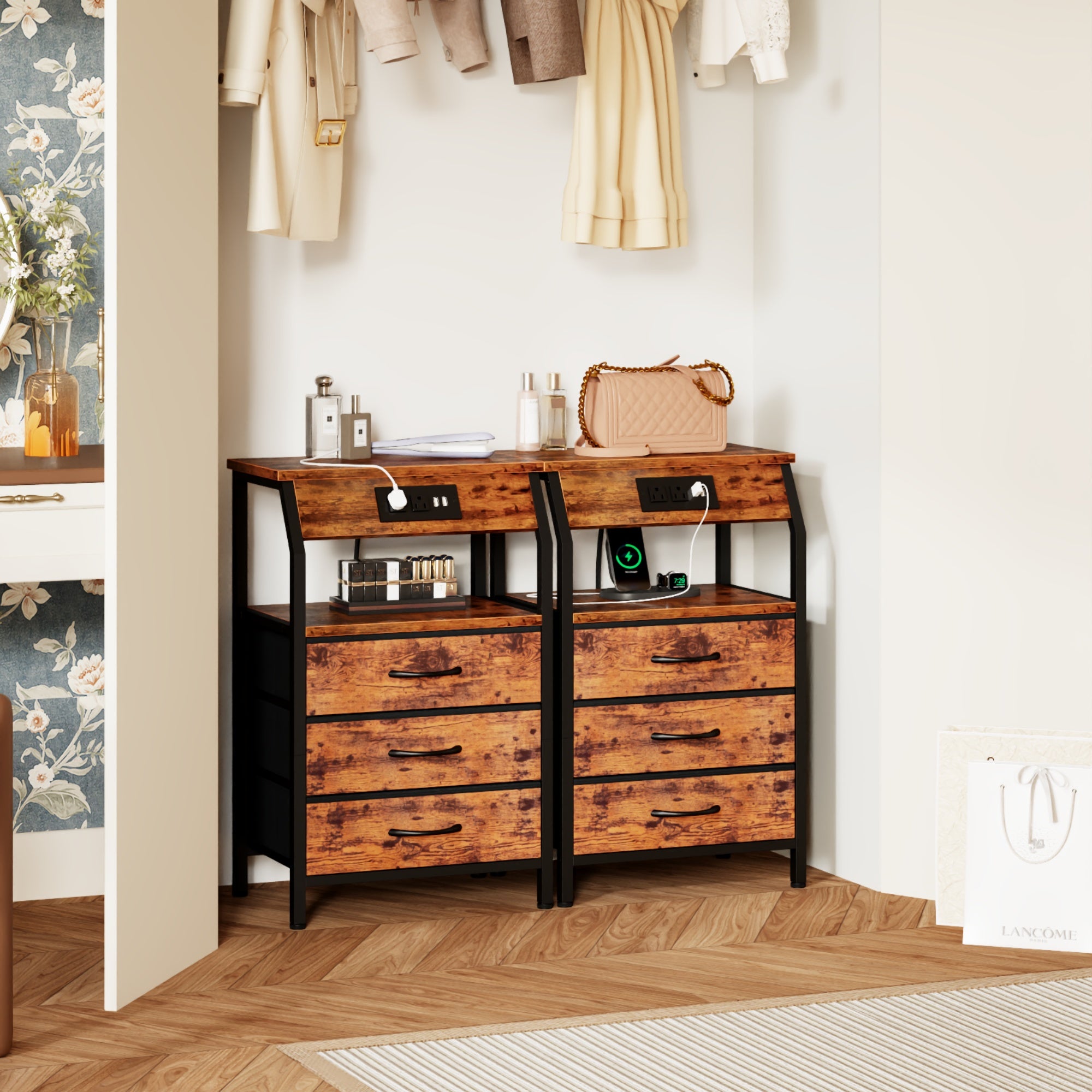 Furnulem Nightstands with 3/4/5 Drawers & Outlets, Bedside Tables with 2 USB Ports & 2-Tier Open Shelf