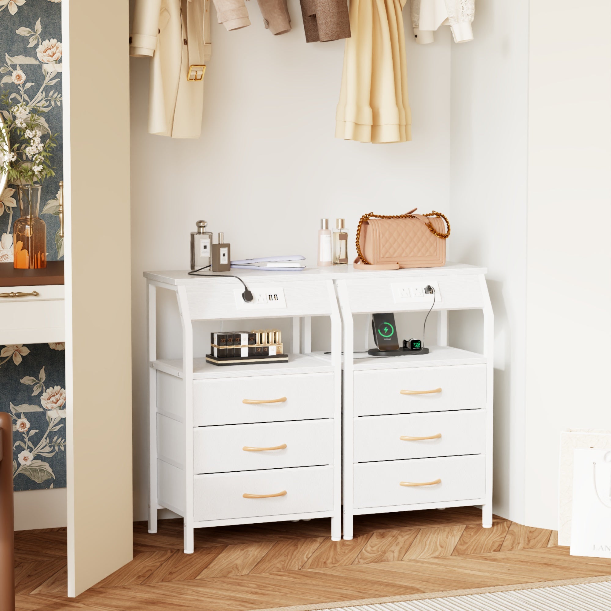 Furnulem Nightstands with 3/4/5 Drawers & Outlets, Bedside Tables with 2 USB Ports & 2-Tier Open Shelf