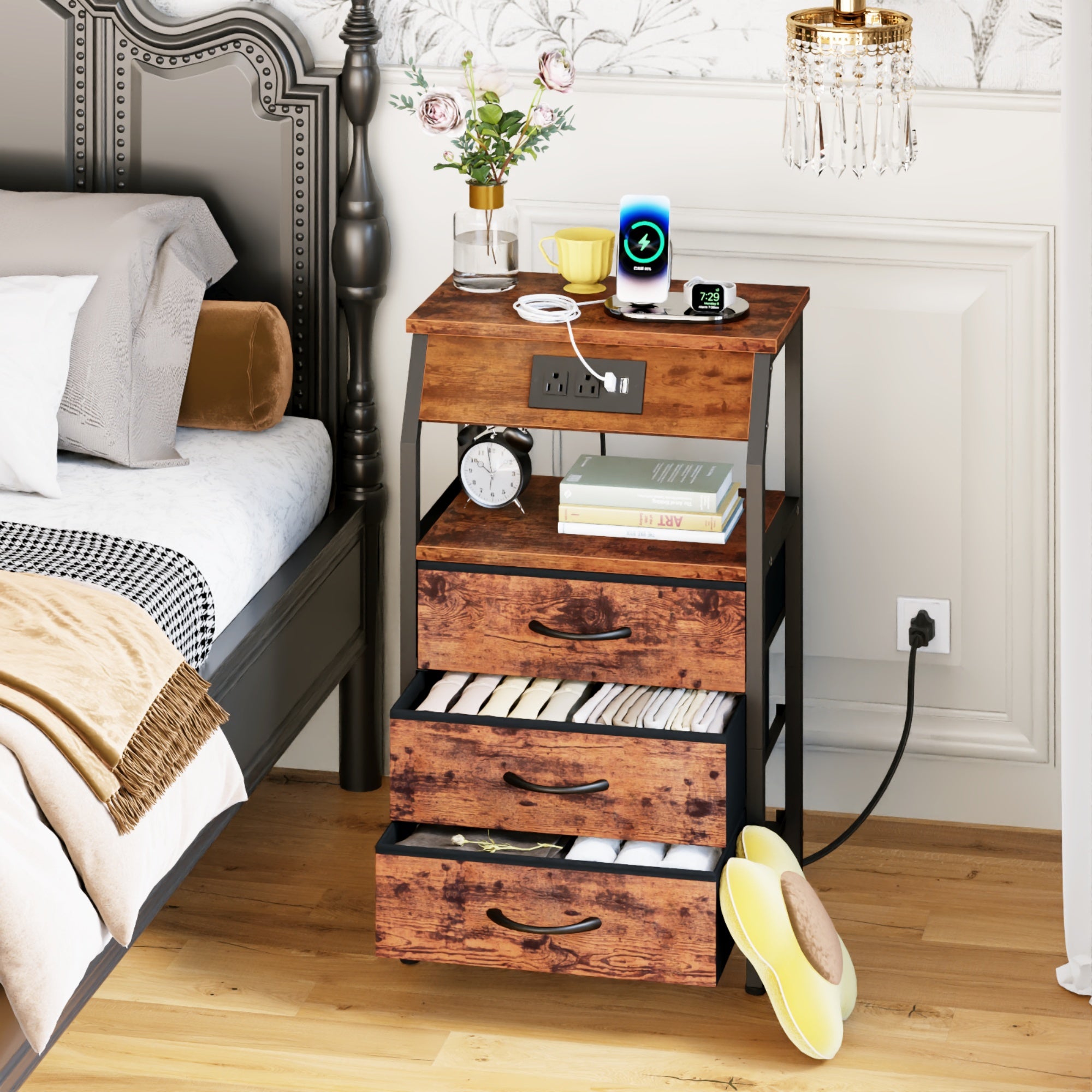 Furnulem Nightstands with 3/4/5 Drawers & Outlets, Bedside Tables with 2 USB Ports & 2-Tier Open Shelf
