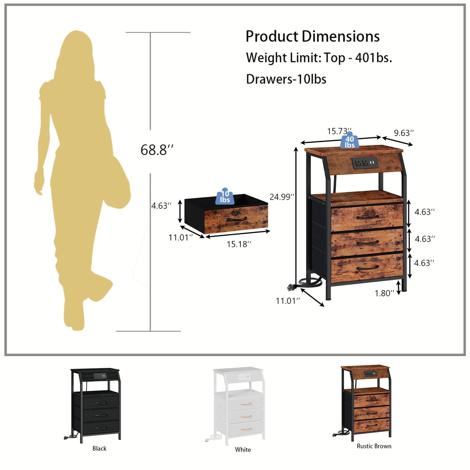 Furnulem Nightstands with 3/4/5 Drawers & Outlets, Bedside Tables with 2 USB Ports & 2-Tier Open Shelf
