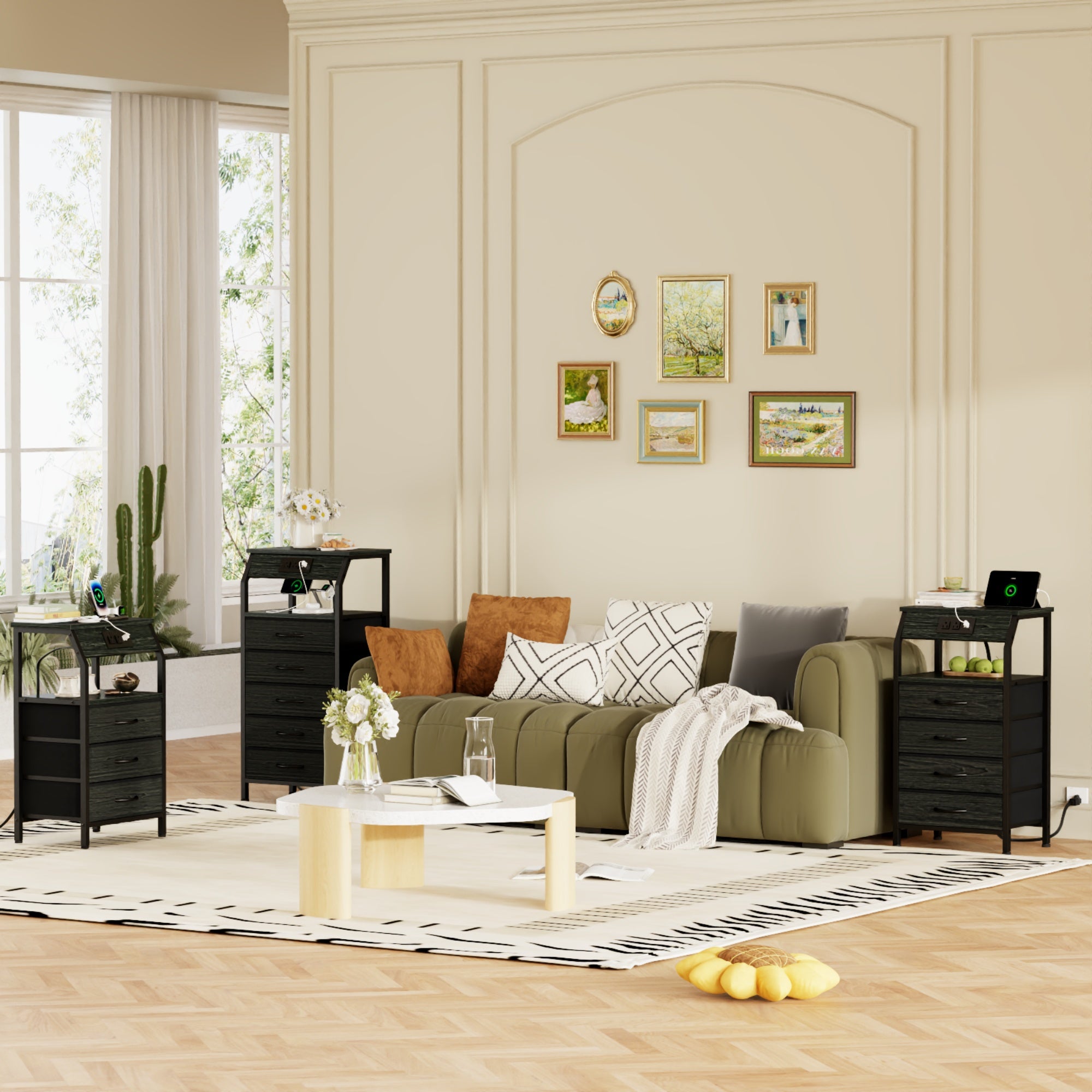 Furnulem Nightstands with 3/4/5 Drawers & Outlets, Bedside Tables with 2 USB Ports & 2-Tier Open Shelf