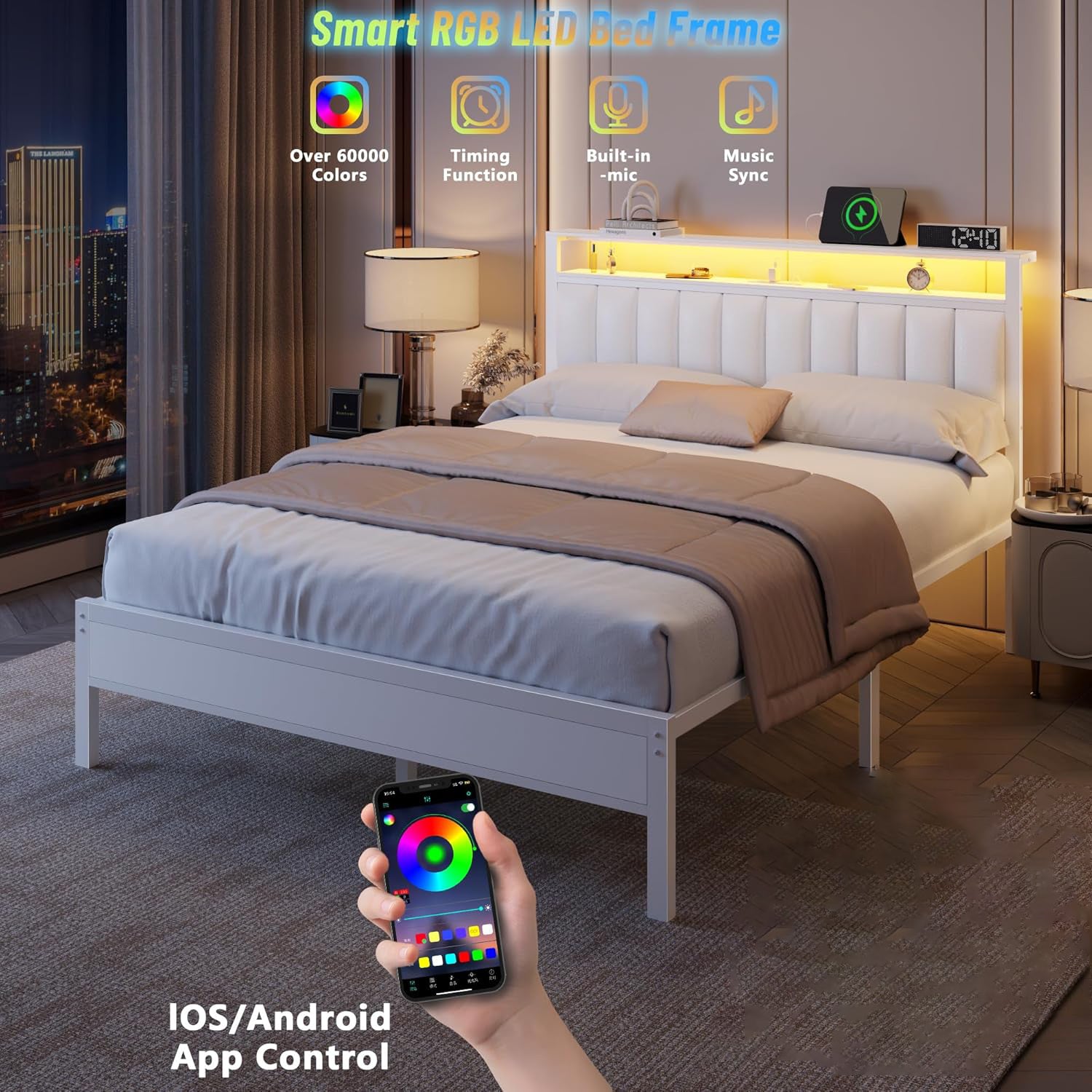 Furnulem White Full Size Bed Frame with Charging Station  Led Lights, Pu Leather Upholstered Headboard W/ 2-Tier Storage Shelves No Box Spring Needed