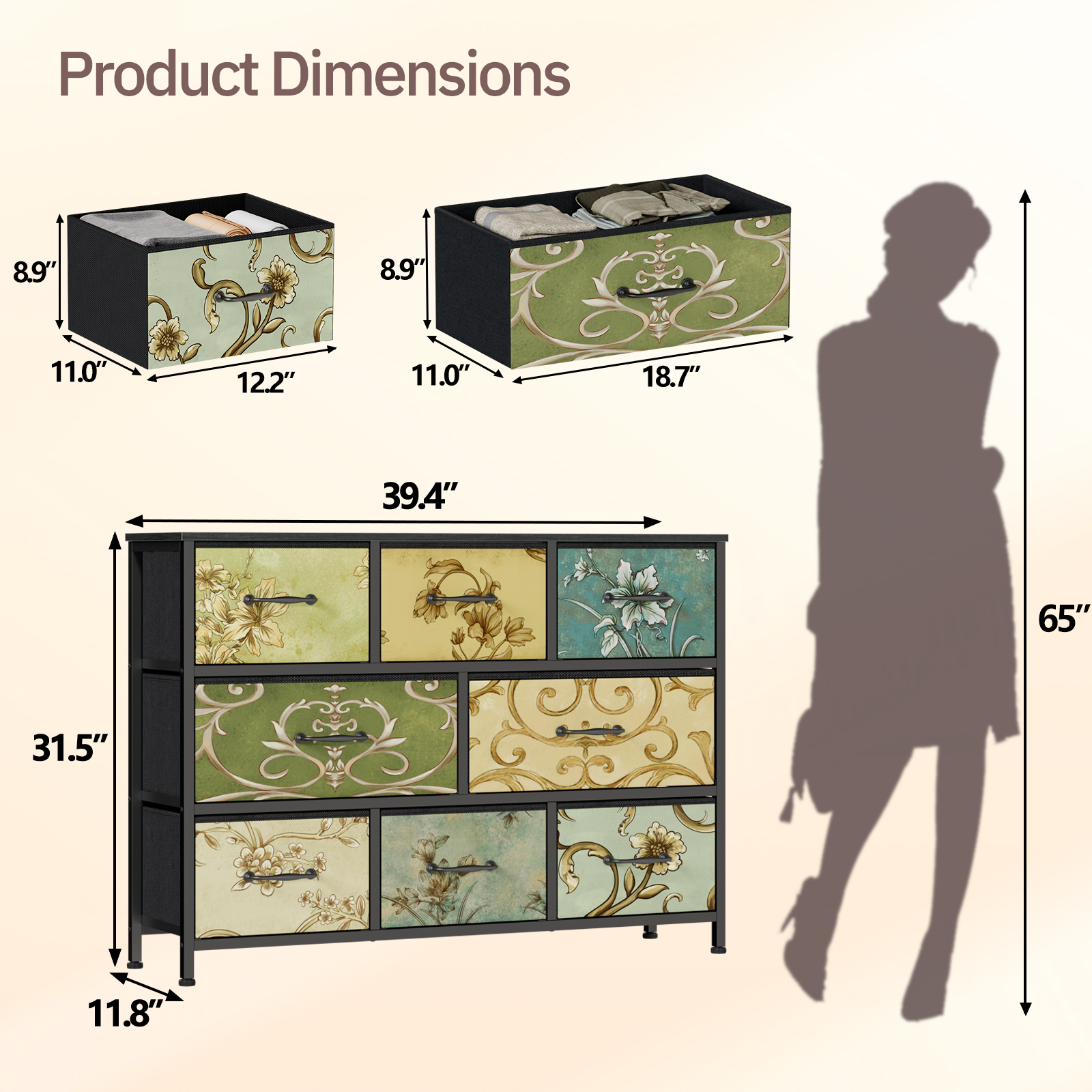 8 Drawer Wide Fabric Dresser Storage Chest Rustic Wood Top Industrial Metal Frame Organizer Unit Bedroom Living Room Closet Furniture