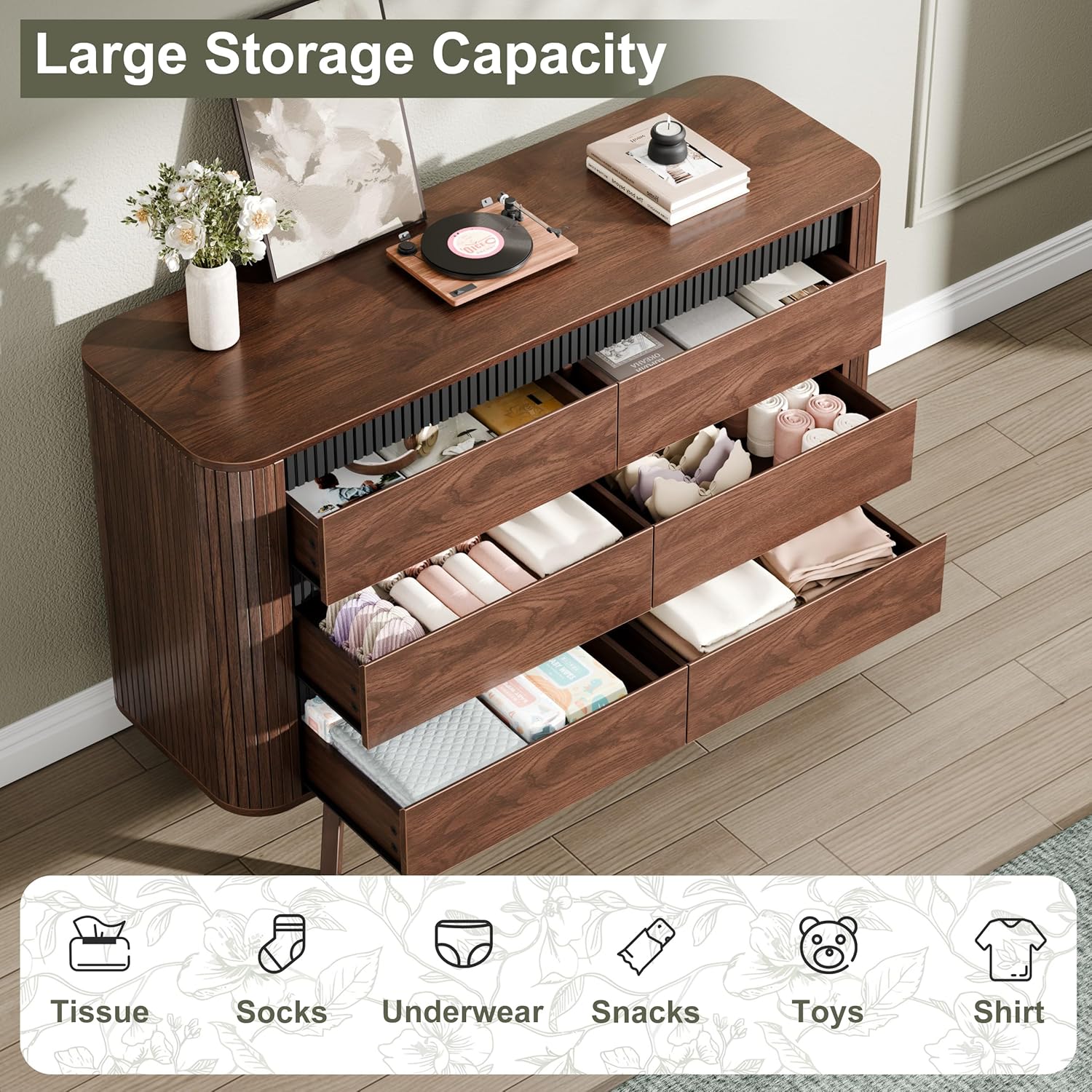 Qwatto 47.2" Mid Century 6 Drawer Dresser Walnut Fluted Chest of Drawers Modern Curved Profile Storage Organizer Bedroom Hallway Wide Clothes Dresser