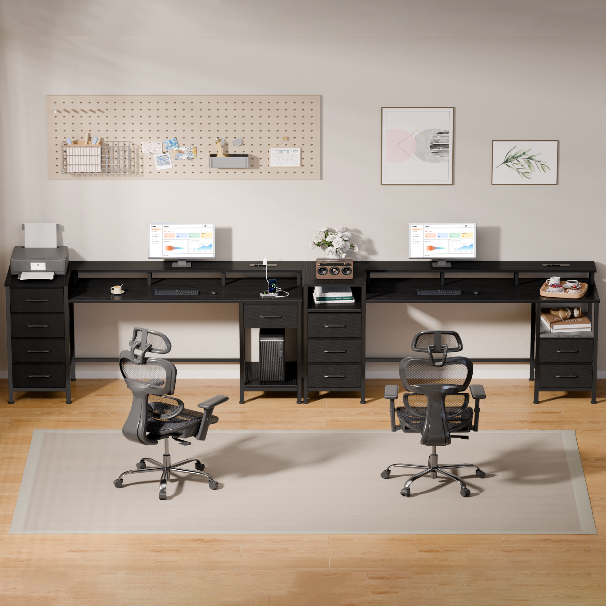 61 Inch Black Computer Desk with Charging Station Gaming Desk LED Lights Reversible 5 Fabric Drawers Home Office Writing Table Study Storage