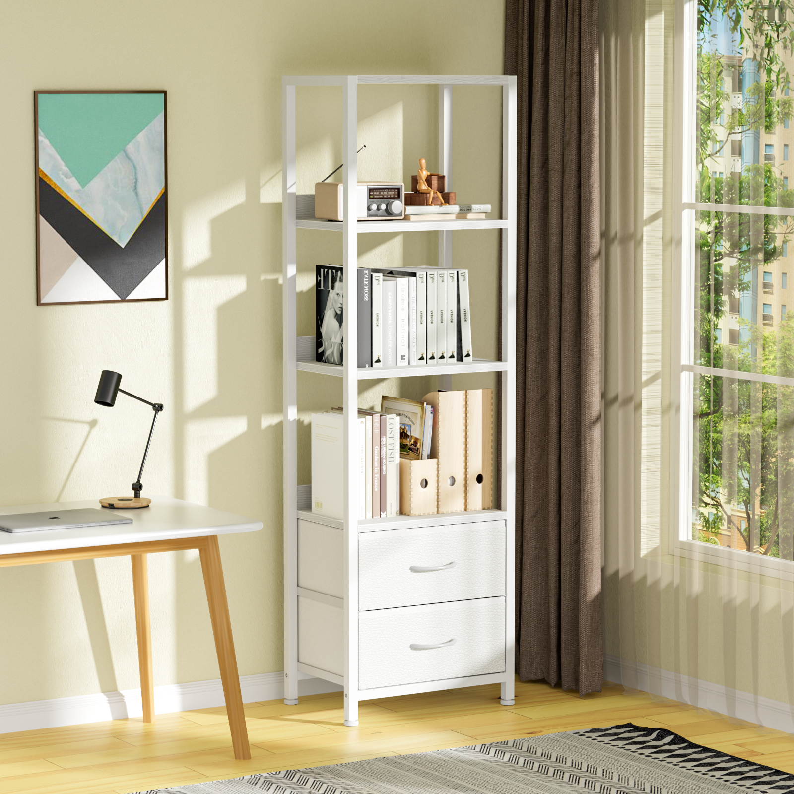 Furnulem Multi-Tier Bookshelf with 2 Drawers