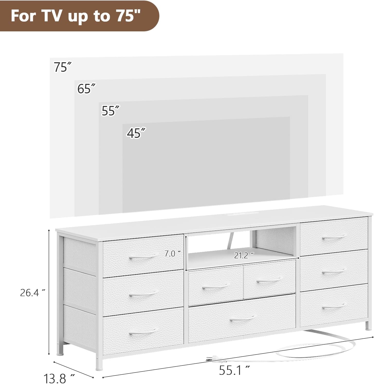 Furnulem 9 Drawer Dresser 55” Long TV Stand for Bedroom Entertainment Center with Power Outlet & LED Light for 55"-65" TV  with Fabric Storage Drawers