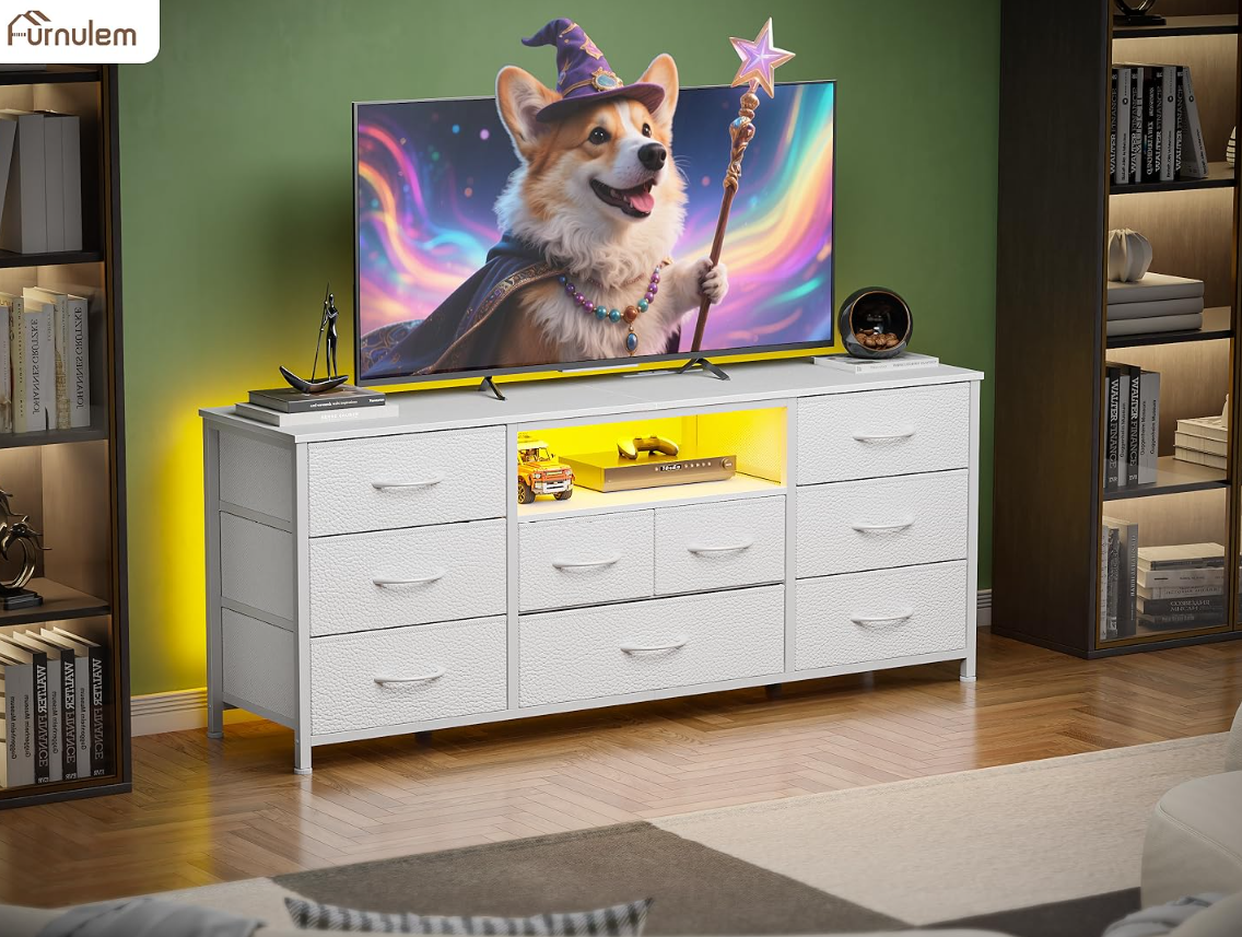 Furnulem 9 Drawer Dresser 55” Long TV Stand for Bedroom Entertainment Center with Power Outlet & LED Light for 55"-65" TV  with Fabric Storage Drawers