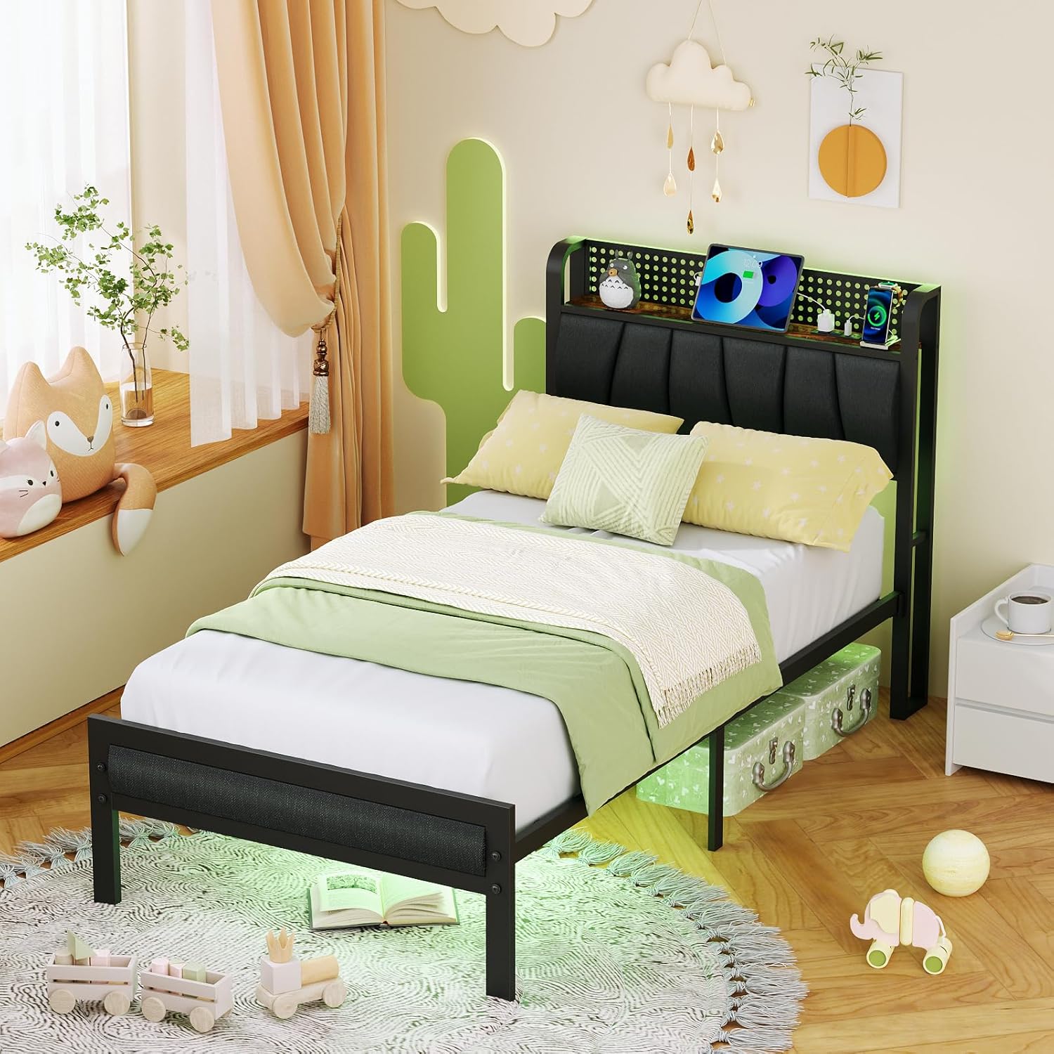 Furnulem Twin Size Bed Frame with Grey Upholstered Storage Headboard with Shelf, Metal Platform Bed with Heavy Duty Slats, No Box Spring Needed