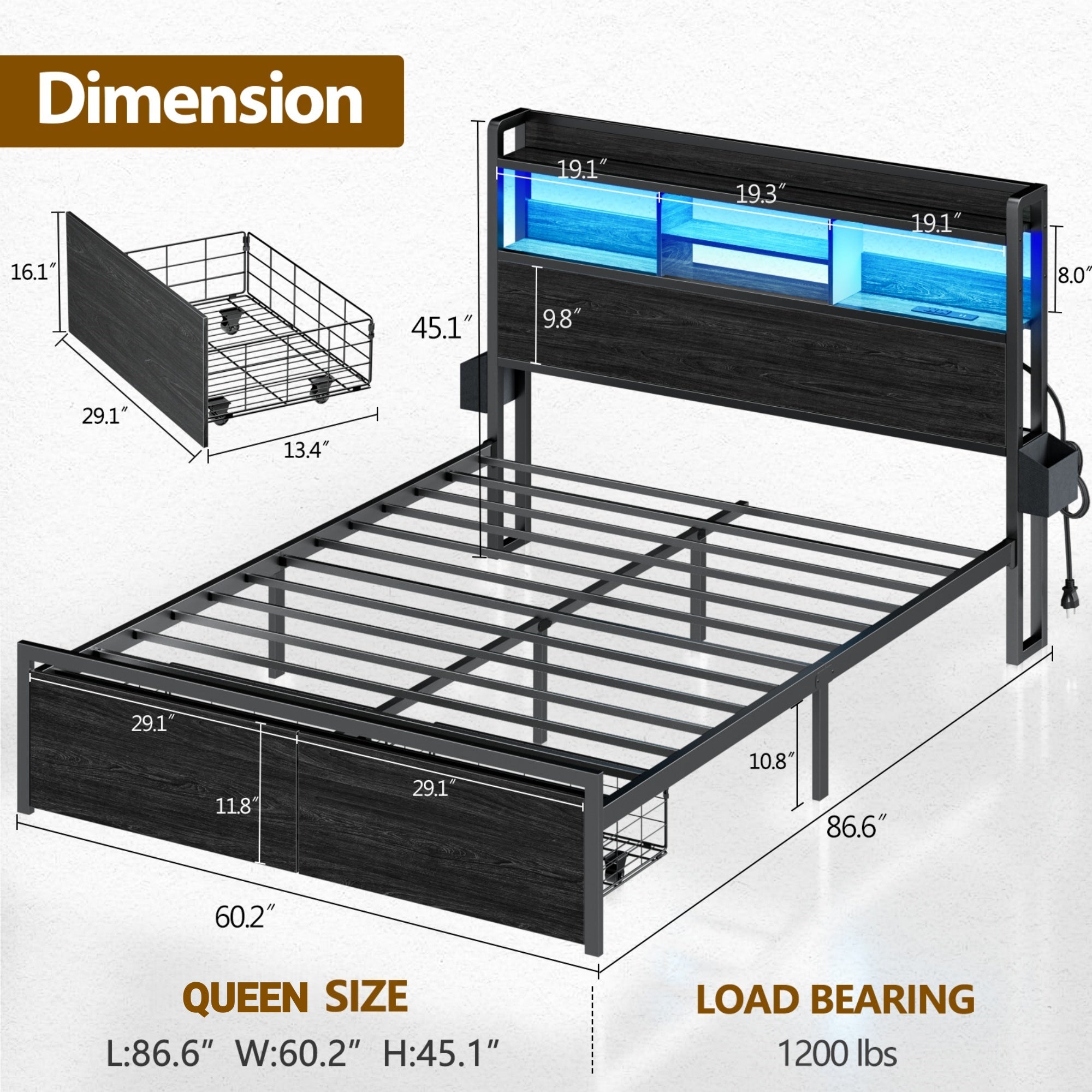 Furnulem Bed Frame with Wood Headboard and Storage Shelf, Metal Platform Bed Frame, LED Lights and Charging Station, No Box Spring Needed, Noise Free, Black