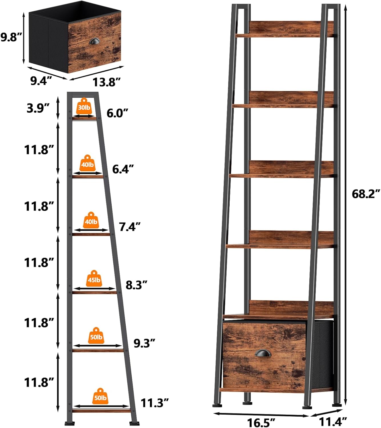 Rustic Brown 6 Tier Ladder Bookshelf with Drawer Tall Industrial Wood Metal Freestanding Storage Rack Etagere Display Bookcase for Home Office Rooms