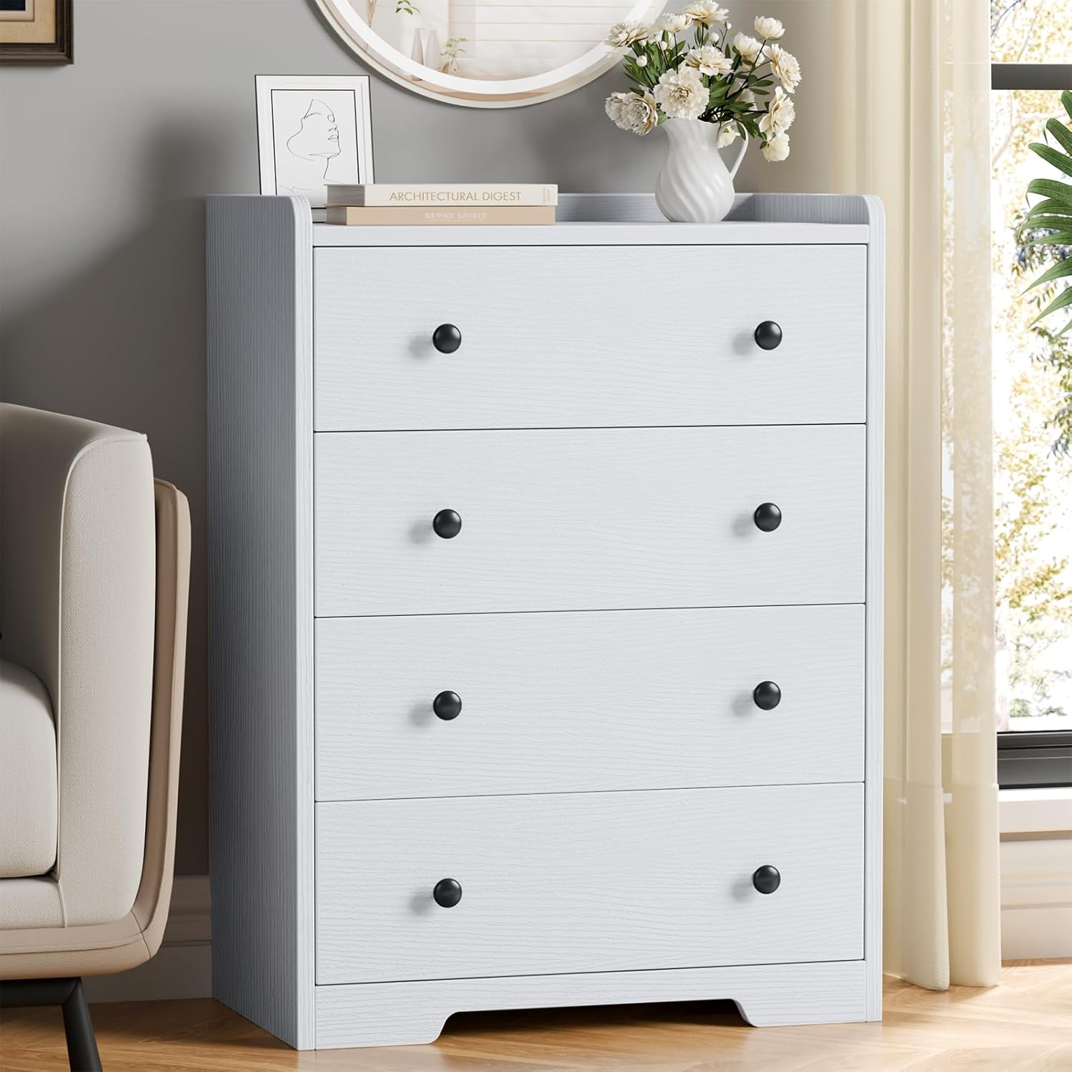 Furnulem White 4-Drawer Dresser – Wood Storage Chest for Bedroom, Living Room, or Hallway