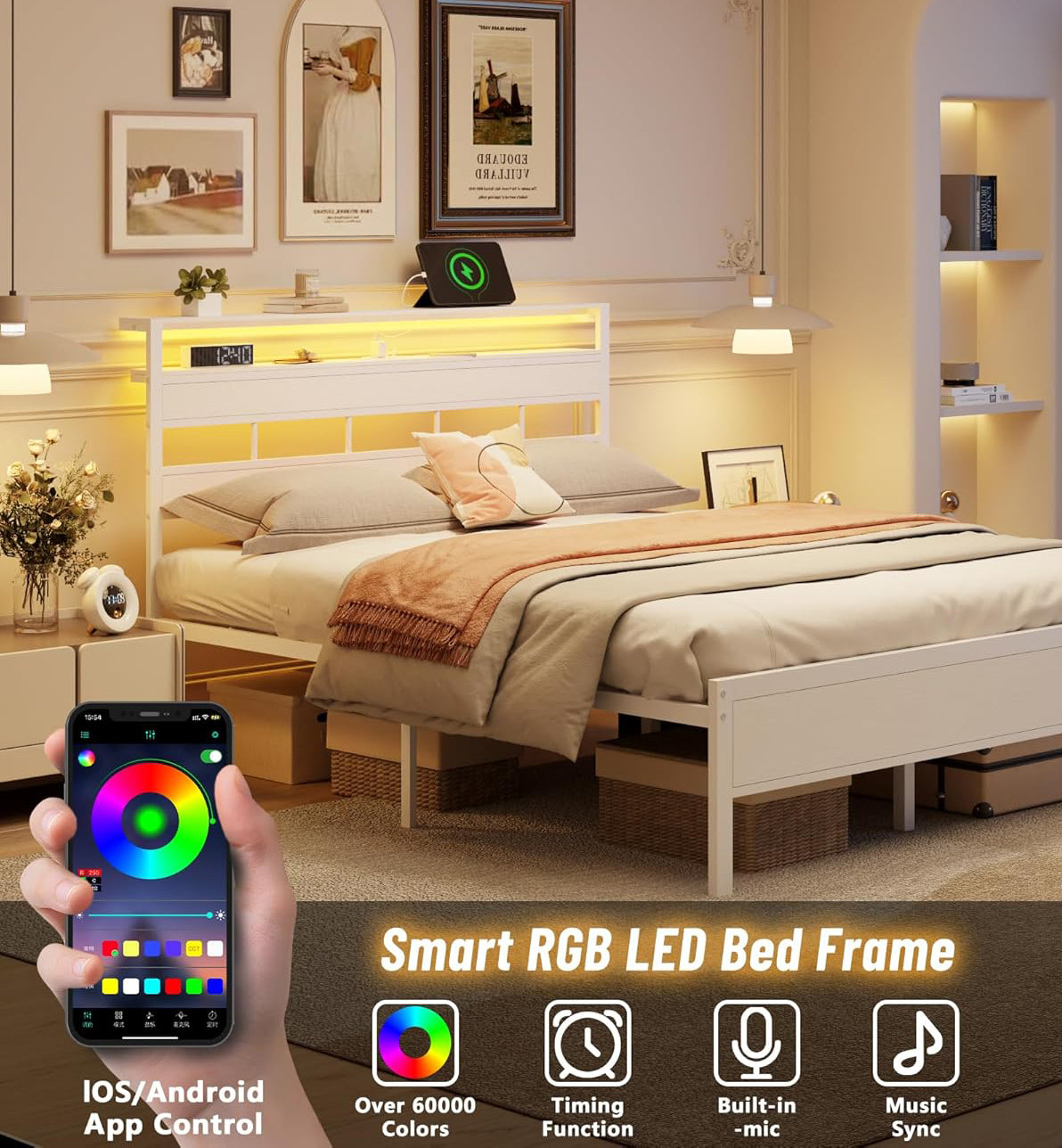 Queen Bed Frame with Storage Headboard and LED Lights Metal Bedframe with Charging Station and USB Port Platform Bed with Heavy Duty Slats White