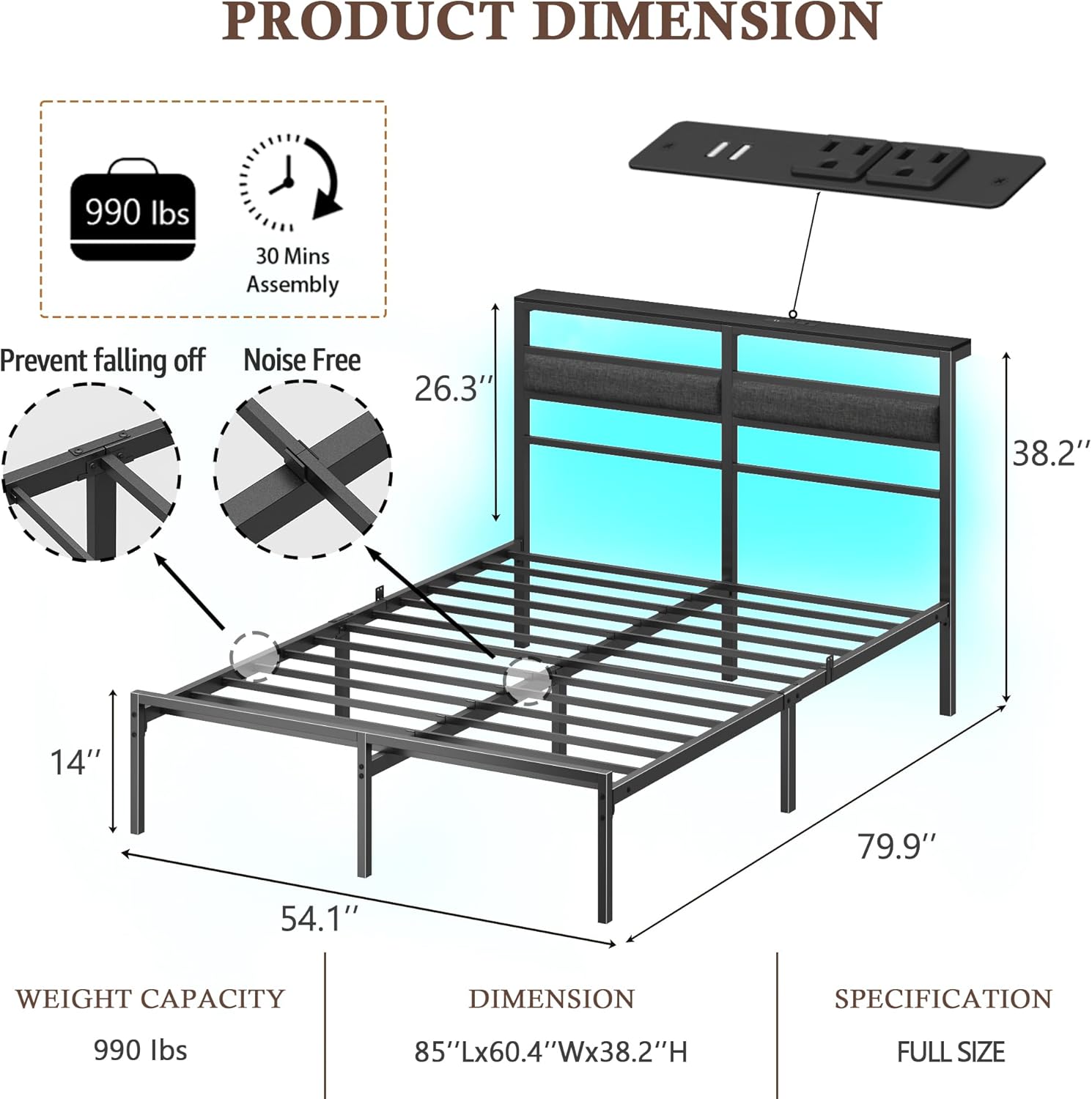 Queen&Full&Twin Bed Frames for Kids, Metal Platform Bed Frame Twin Size with Upholstered Headboard, Wood Storage Shelf, Charging Station and LED Lights, No Box Spring Needed, Black