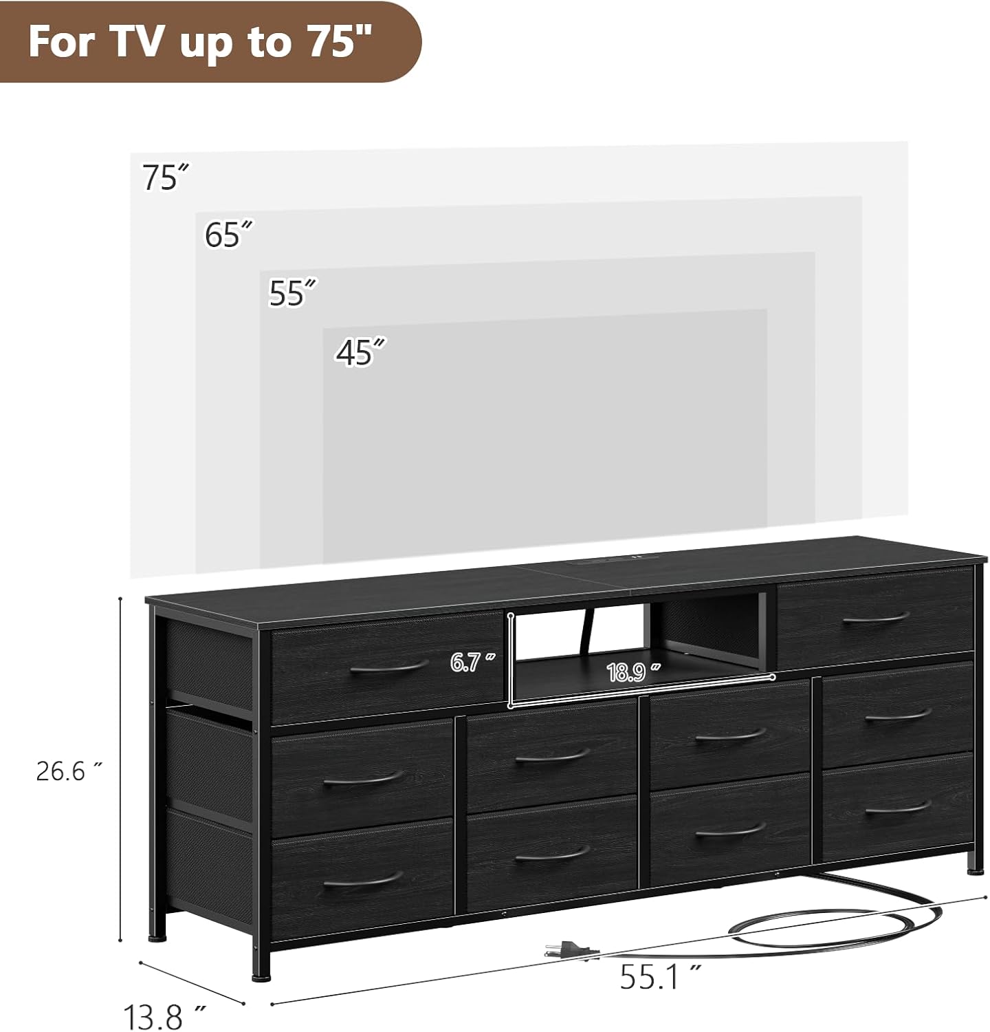Furnulem 55” Long Dresser for Bedroom TV Stand for 55 to 65 inch TV Black Dresser with 10 Fabric Drawers Chest  Center with Power Outlet  LED Light
