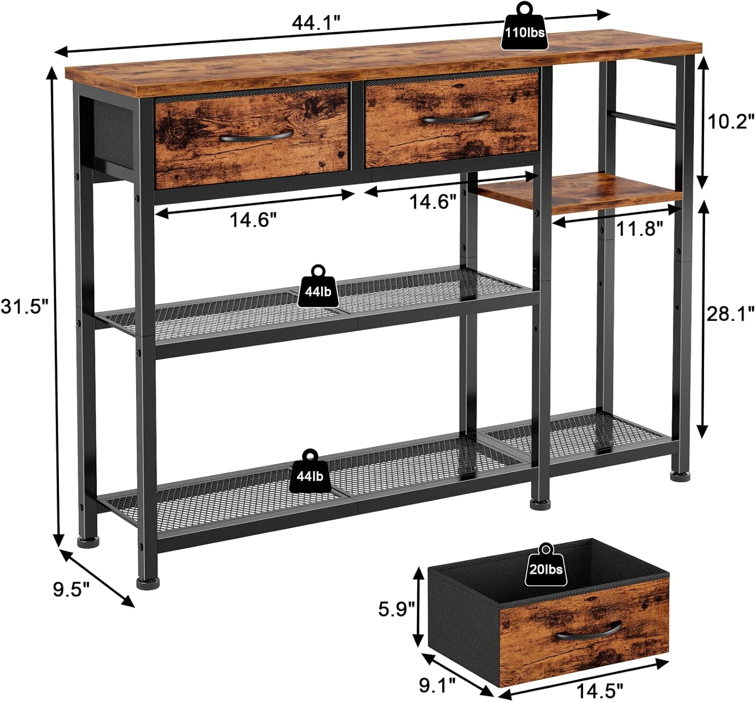 Furnulem 44'' Industrial Entryway Table with Drawers & Shoe Rack, Rustic Console Table with Mesh Shelf