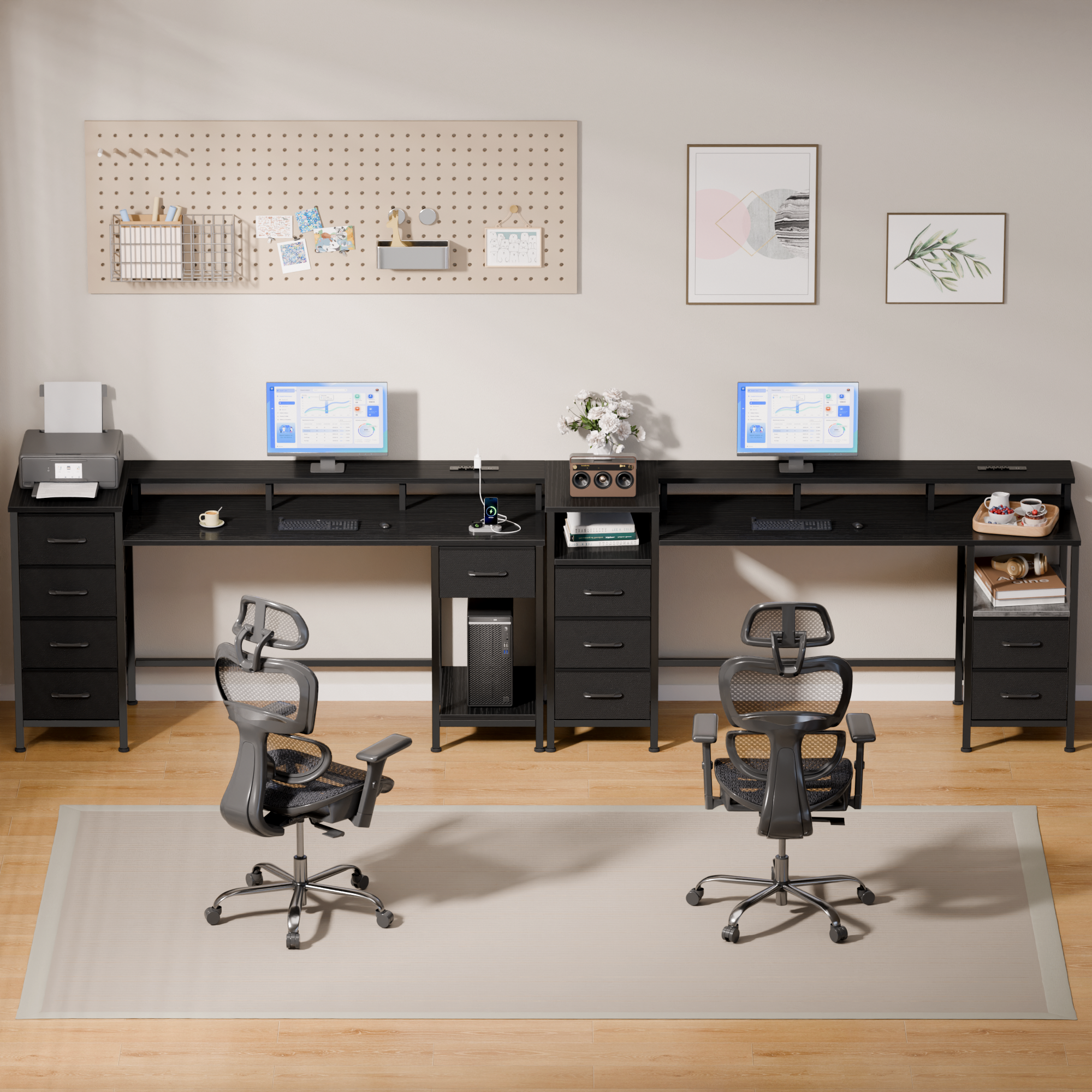 55 Inch Black Computer Desk with Charging Station Reversible Gaming Desk LED Lights Fabric Drawers Home Office Writing Table Bedroom Study Storage