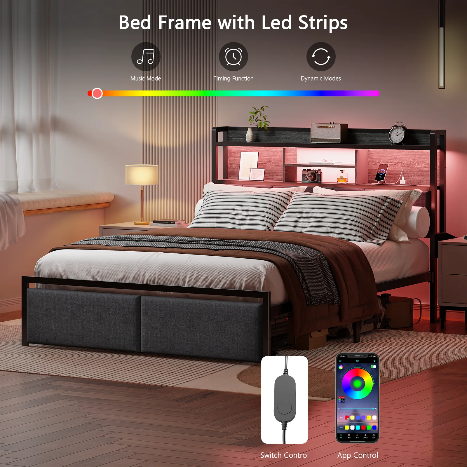 Furnulem Queen Bed Frame with Storage Drawers Upholstered Headboard with LED Light  Charging Station Metal Platform Bed Frame No Box Spring Needed