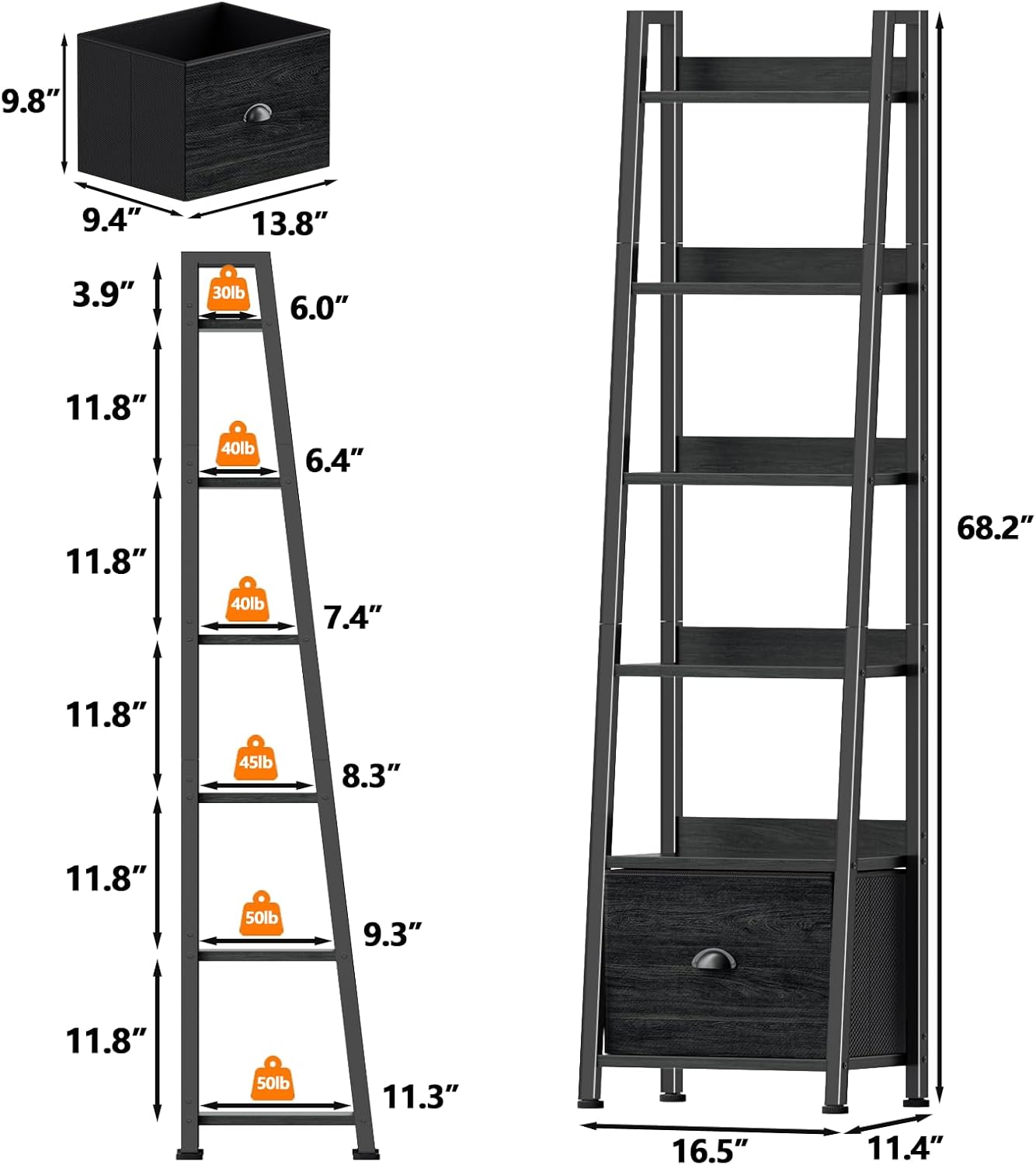 Qwatto Black 6 Tier Ladder Bookshelf with Drawer Tall Industrial Wood Metal Freestanding Storage Rack Etagere Display Bookcase for Home Office Rooms