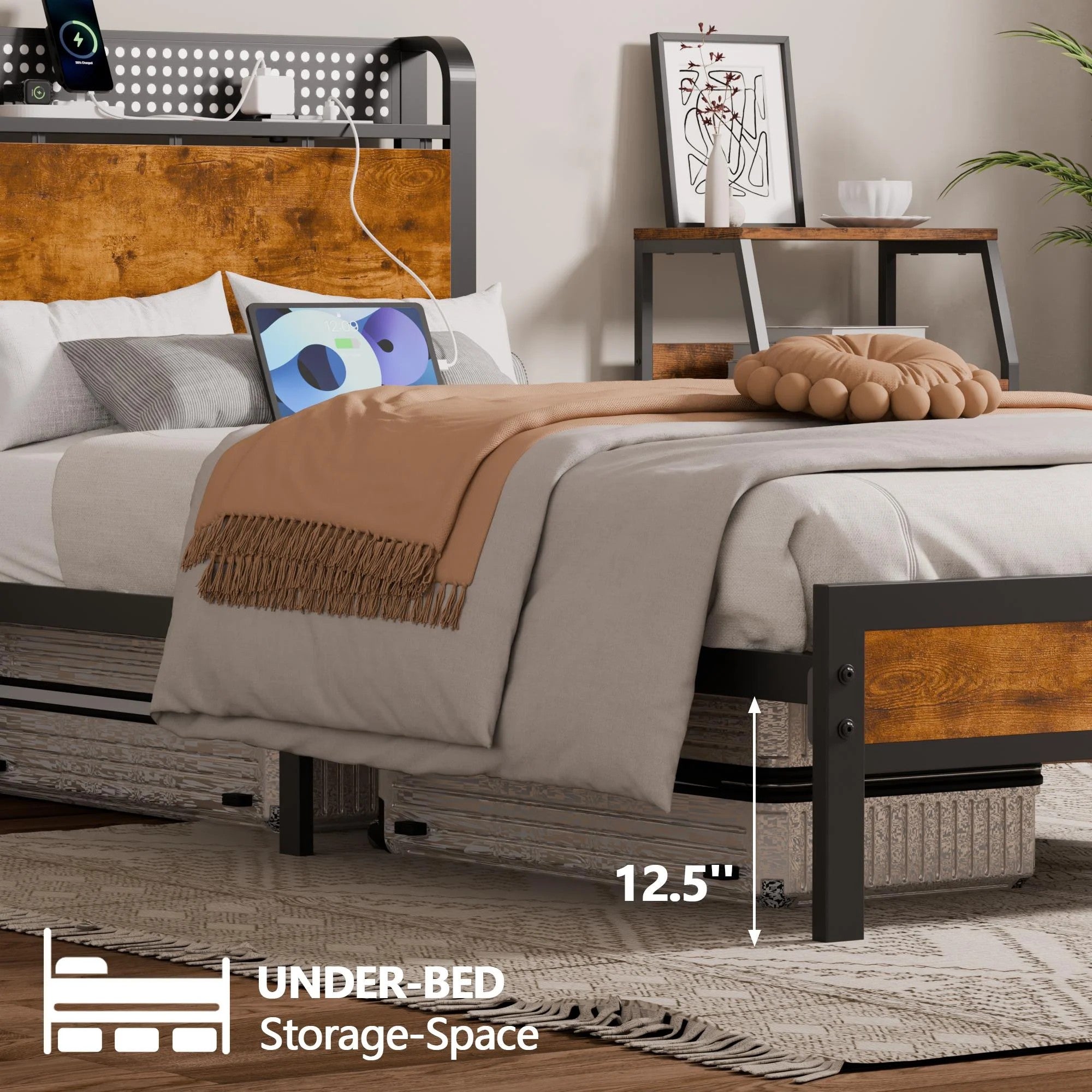 Furnulem Twin Size Bed frame with Wood Storage Headboard,Metal Platform Bed with Under Storage