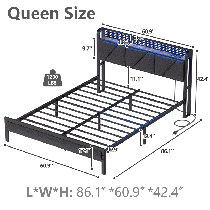 Furnulem LED Bed Frame with Upholstered Headboard and Charging Station