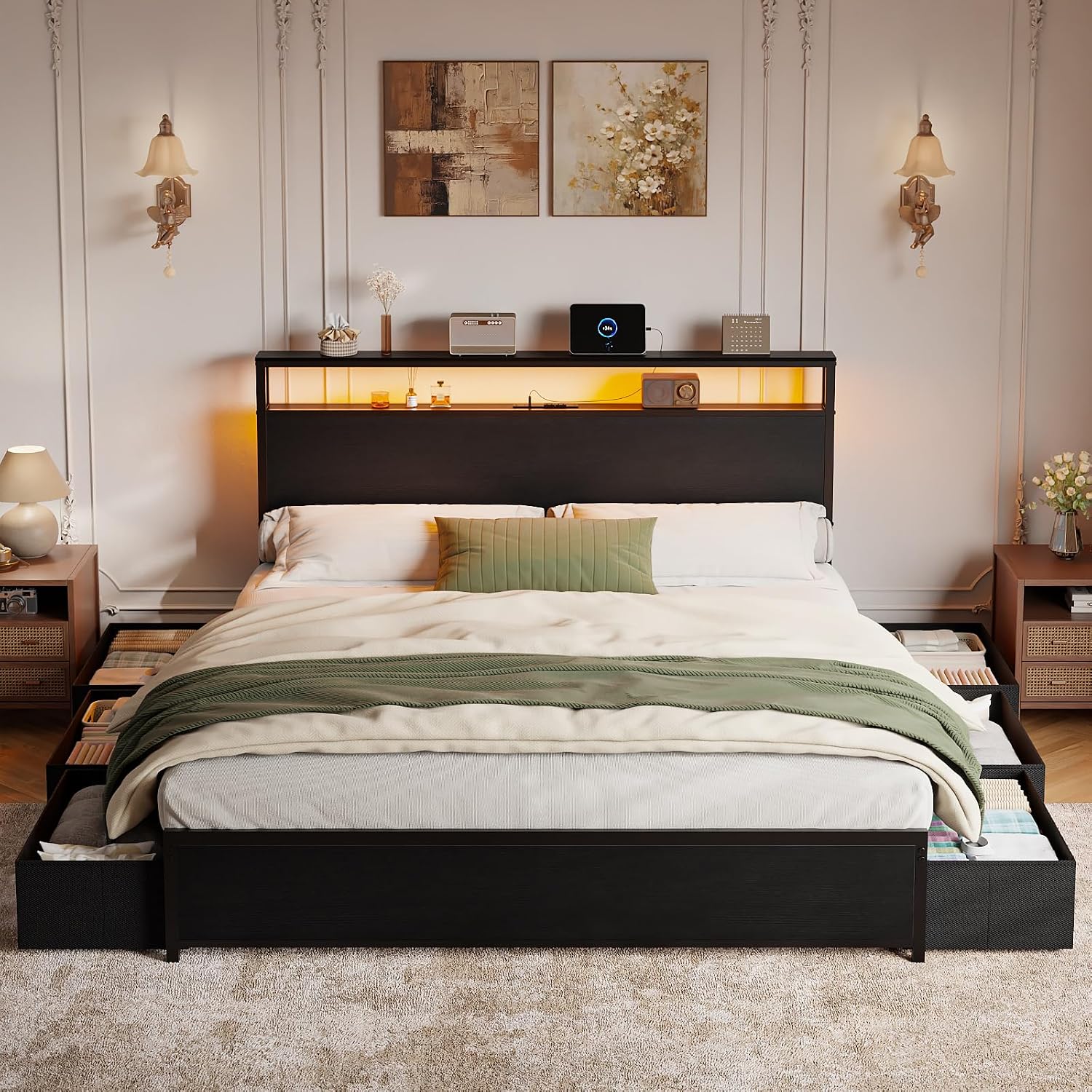 Qwatto Queen Bed Frame 6 Drawers Storage Headboard LED Lights Charging Station Metal Platform Bed Black No Box Spring Needed Noise Free 2 Tier USB Shelf