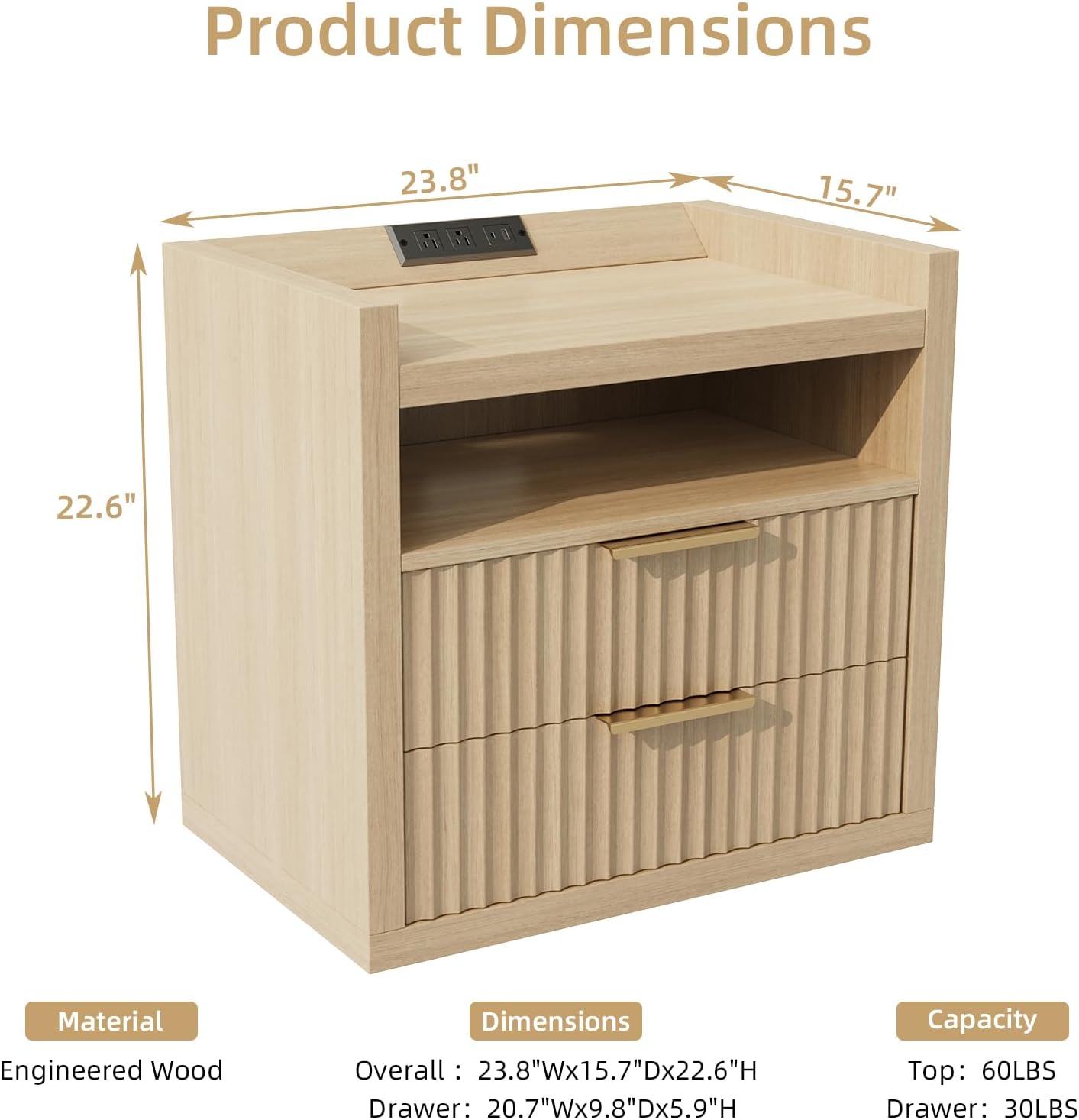 Furnulem Fluted Nightstands with Charging Station 24" Wide Nightstand with 2 Drawers Mid Century Side Table Natural Wooden End Table with Open Shelves