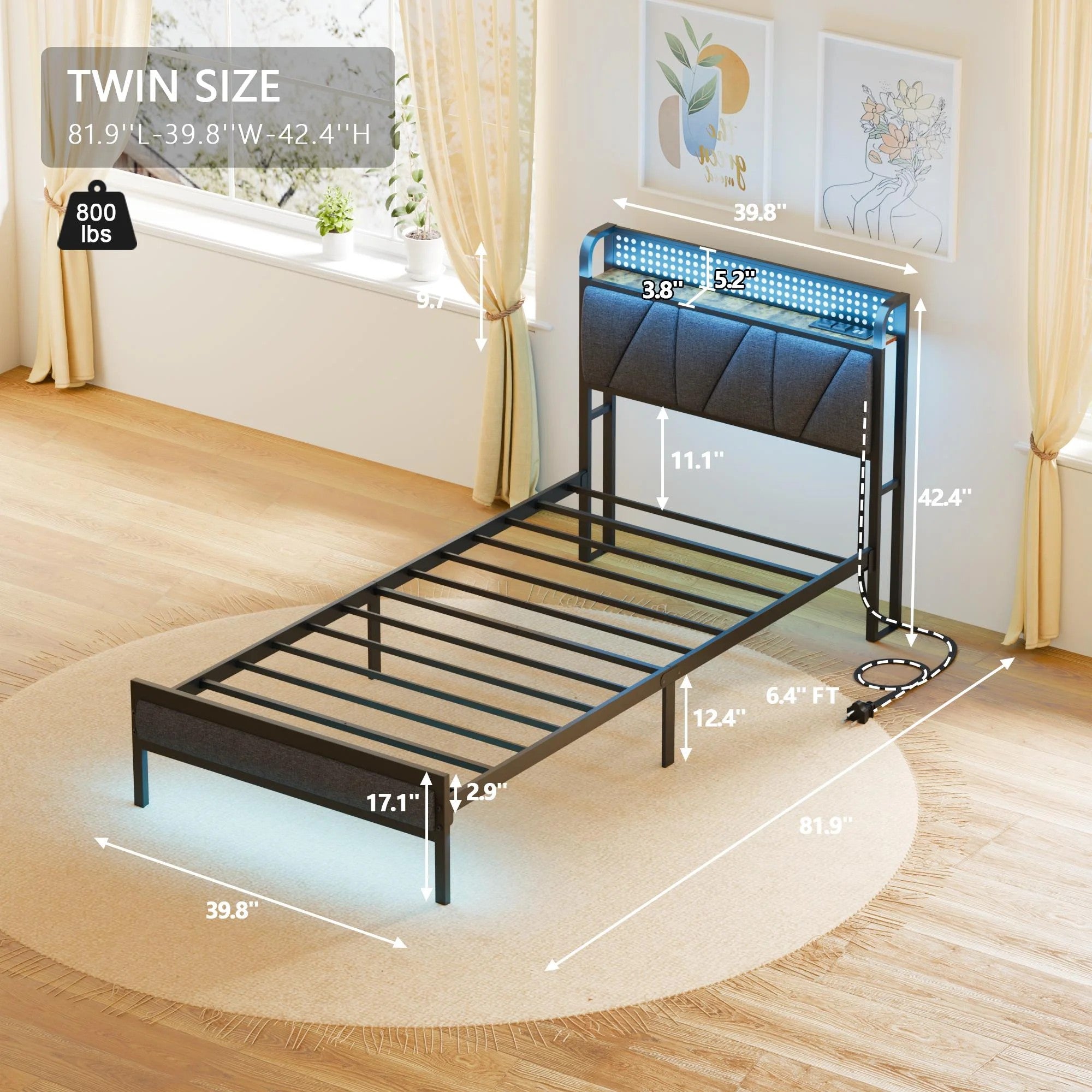 Twin Size Metal Smart Bed Frames with Upholstered Headboard, LED Lights, USB Ports and Outlets, Storage Shelves & Underbed
