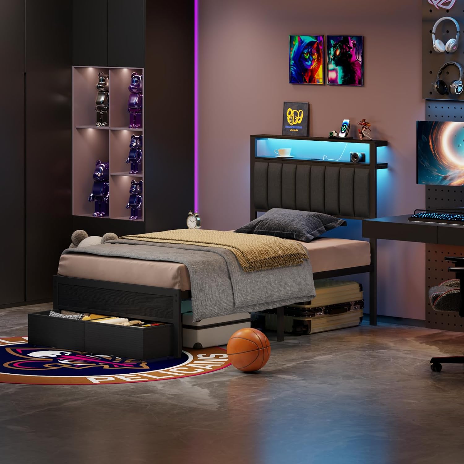 Furnulem Bed Frame with LED Lights, Charging Station & Storage