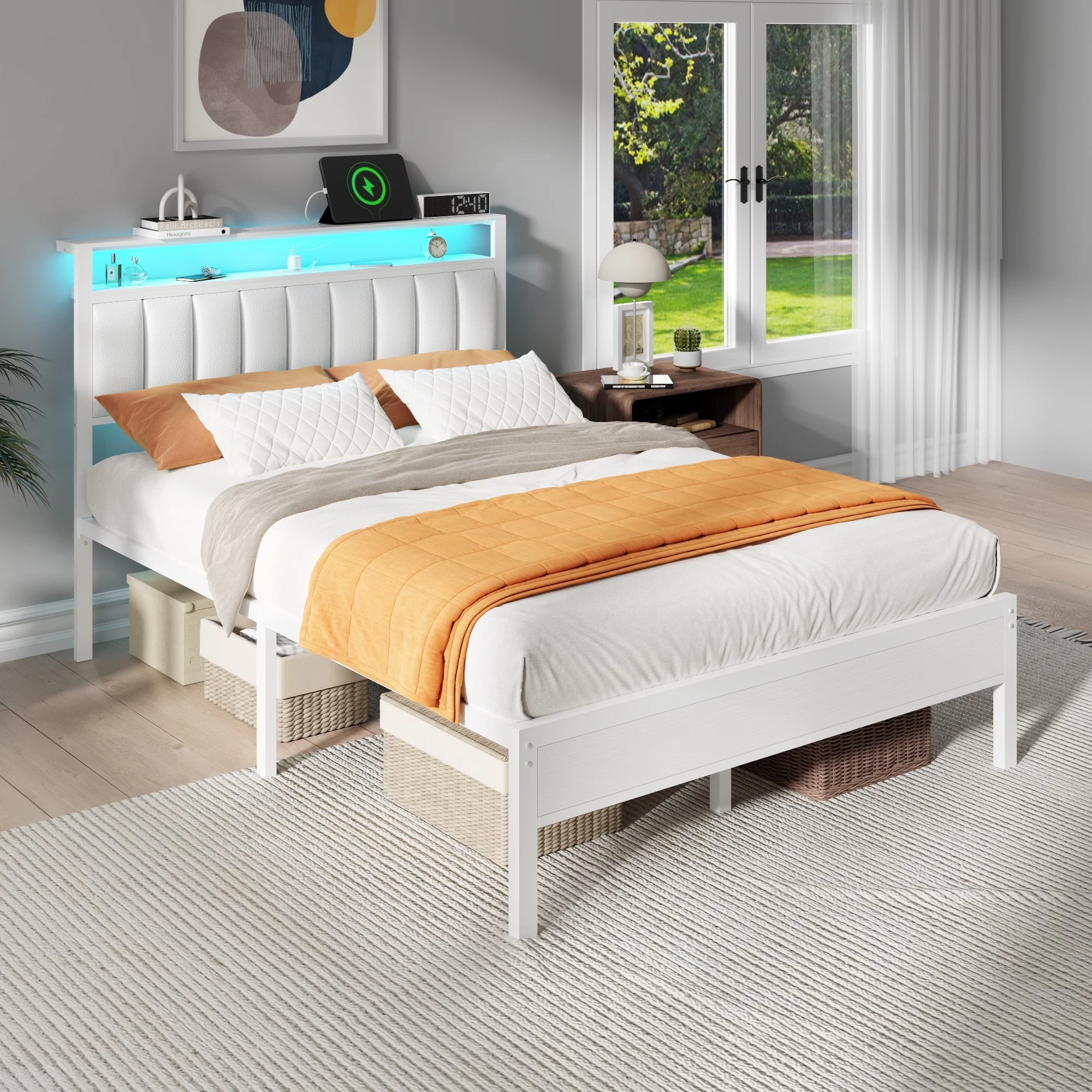 Full Size Bed Frames with LED Lights Charging Station Platform Bed with Metal Slats Headboard with 2-Tier Storage Shelves No Box Spring Needed White