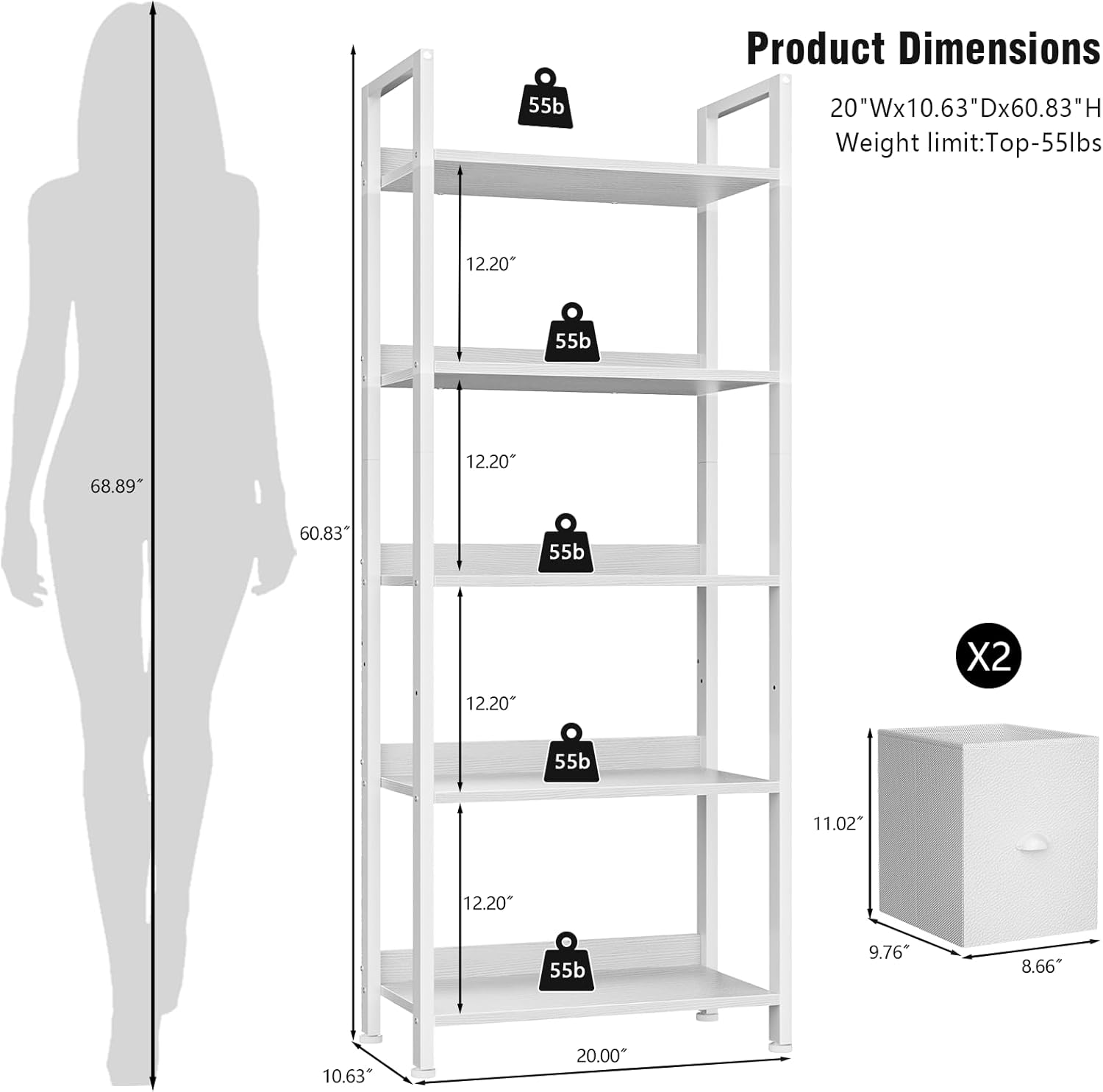 Qwatto 5 Tier Bookshelf with Drawers White Tall Wood and Metal Bookcases Modern Industrial Storage Organizers Display Shelving Unit Office Furniture