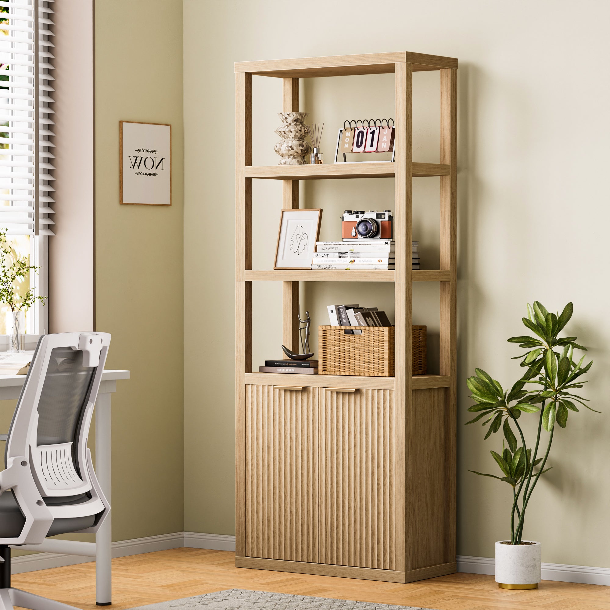 Furnulem Bookshelf and Bookcase with Door  Floor Standing 5-Tier Shelf Display Storage Shelves  Tall Bookcases for Home Office  Living Room