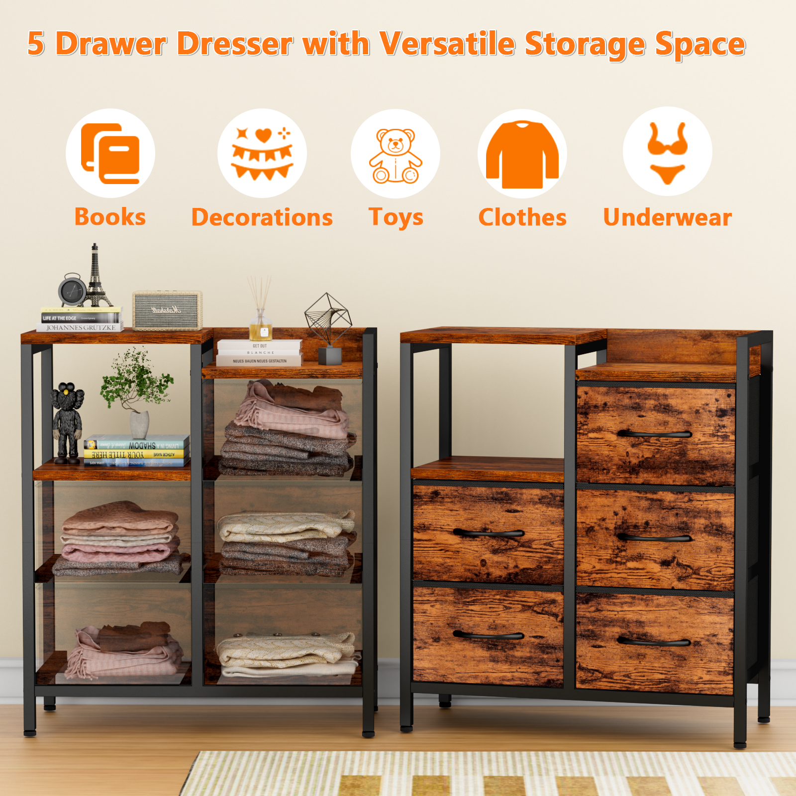 Furnulem 5 Drawer Rustic Dressers for Bedroom