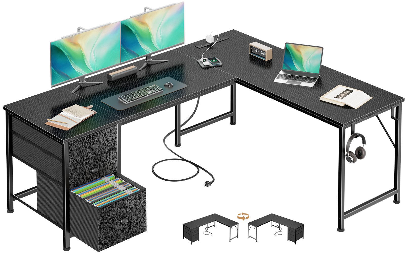 Qwatto 63 Inch L Shaped Gaming Desk Black Computer Corner Table with Power Outlets USB C Ports File Fabric Drawers Large Storage for Writing Bedrooms