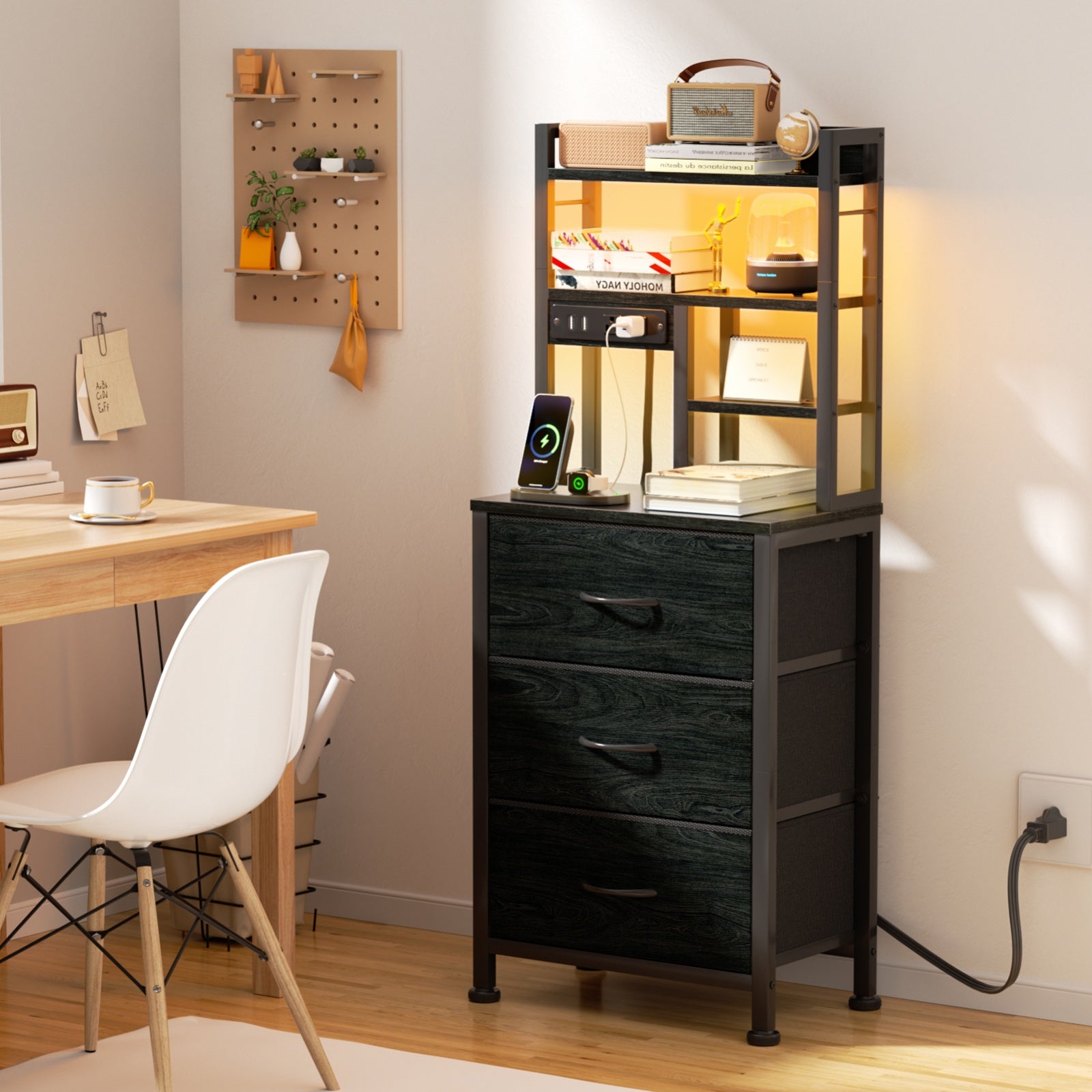 Furnulem Tall Night Stand with 3 Fabric Drawers and LED Lights, Nightstand with Bookshelf