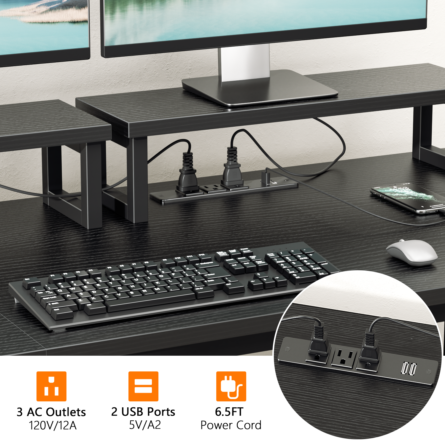 47 Inch Black Computer Desk with Charging Station File Cabinet Home Office Gaming Desk 2 Monitor Stands Storage Drawer Shelves Writing Table Bedroom