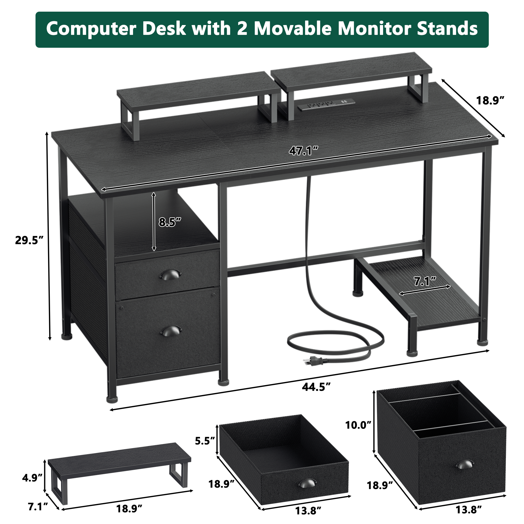 47 Inch Black Computer Desk with Charging Station File Cabinet Home Office Gaming Desk 2 Monitor Stands Storage Drawer Shelves Writing Table Bedroom