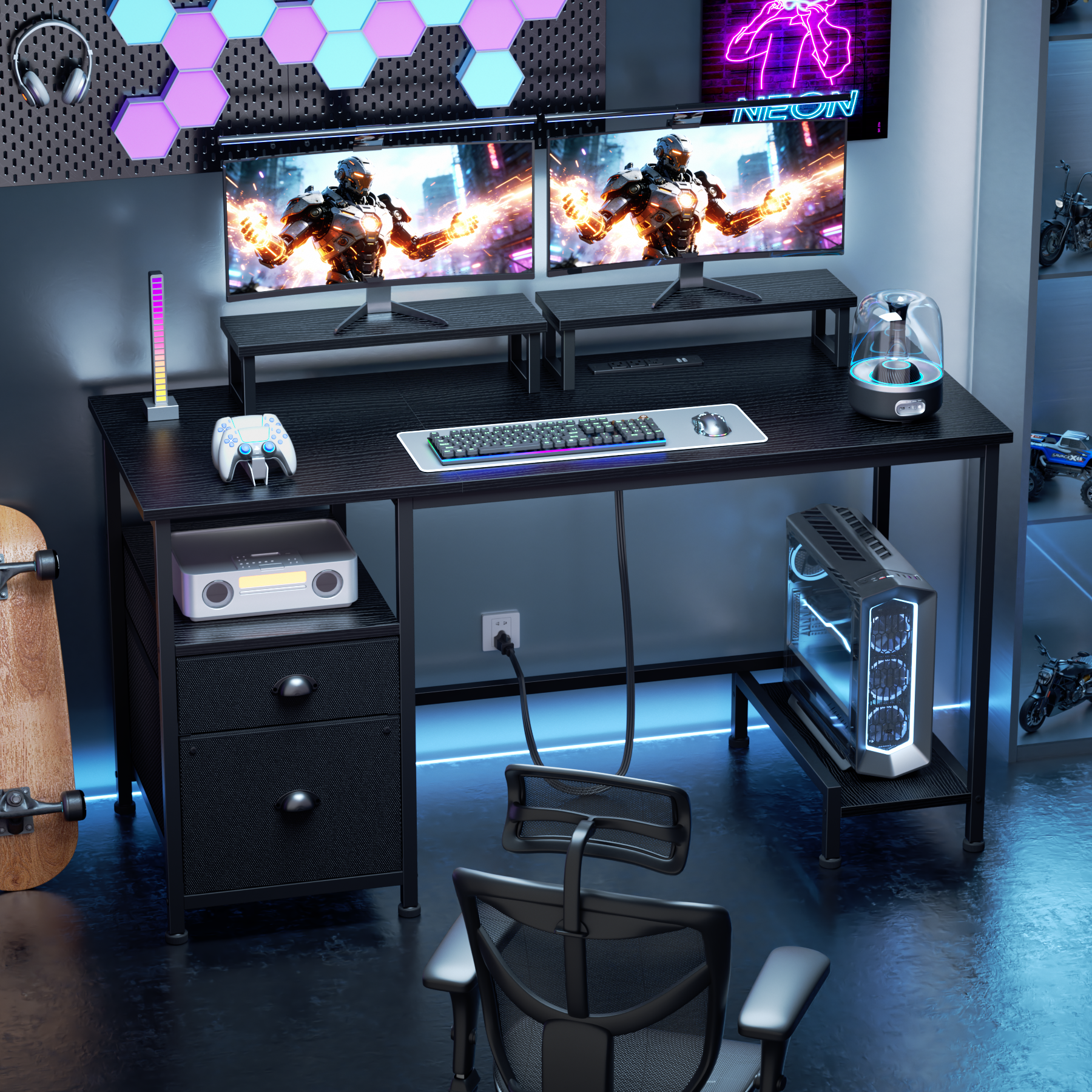 47 Inch Black Computer Desk with Charging Station File Cabinet Home Office Gaming Desk 2 Monitor Stands Storage Drawer Shelves Writing Table Bedroom