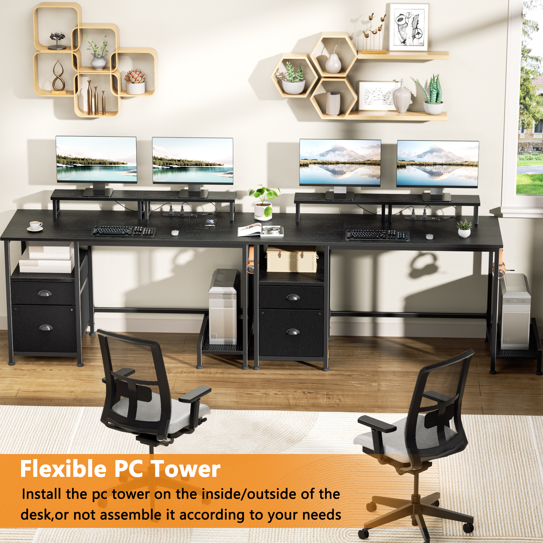 47 Inch Black Computer Desk with Charging Station File Cabinet Home Office Gaming Desk 2 Monitor Stands Storage Drawer Shelves Writing Table Bedroom