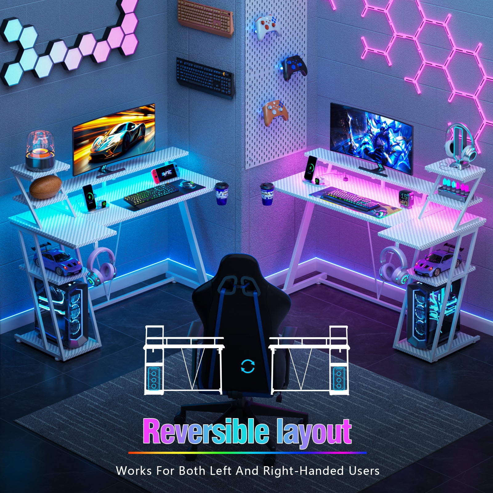 47 inch L Shaped Gaming Desk White Small Spaces Corner Computer Table with Monitor Stand Storage Shelves Gamer Desk for Bedrooms Teen PC Workstation