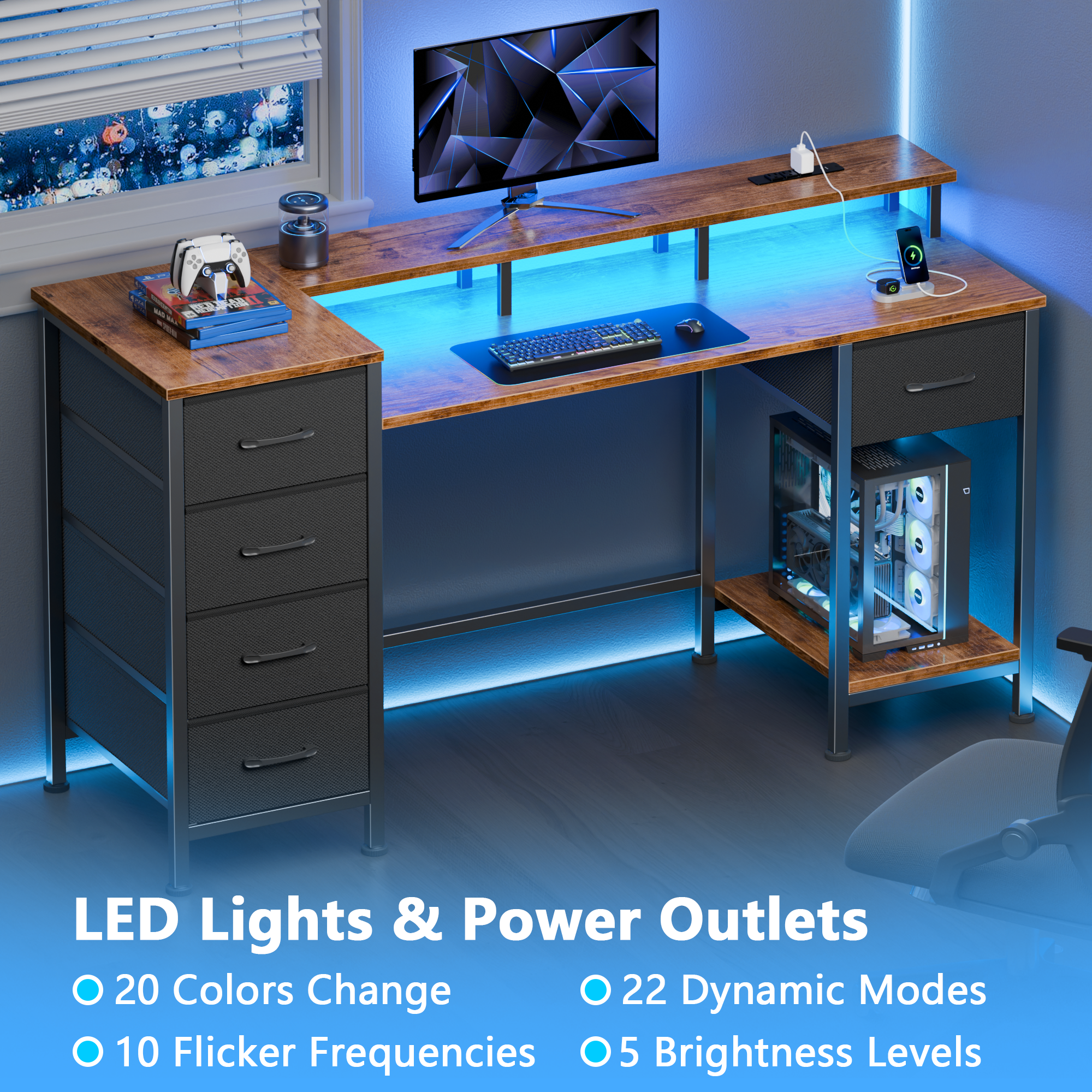 47 Inch Rustic Brown Computer Desk with Charging Station Reversible Gaming Desk LED Lights 5 Fabric Drawers Monitor Stand Home Office Writing Table