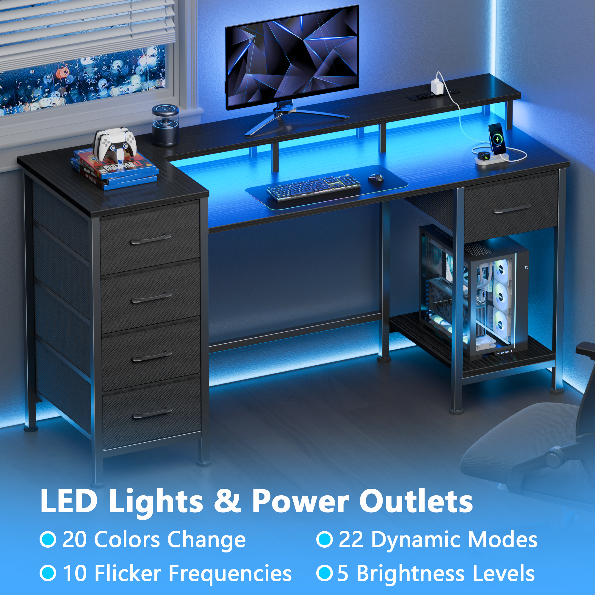 47 Inch Black Computer Desk with Charging Station Reversible Gaming Desk LED Lights 5 Fabric Drawers Monitor Stand Home Office Writing Table