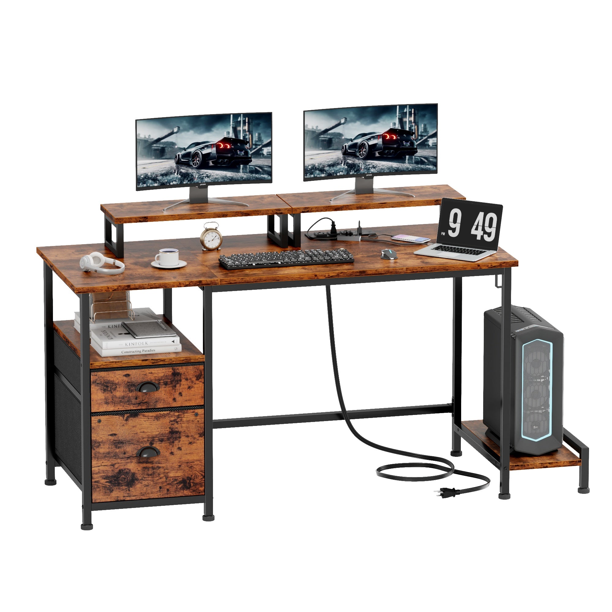 Furnulem 47" Computer Desk with File Cabinet and Power Outlets, Home Office Desk with 2 Monitor Stands and Storage Drawer