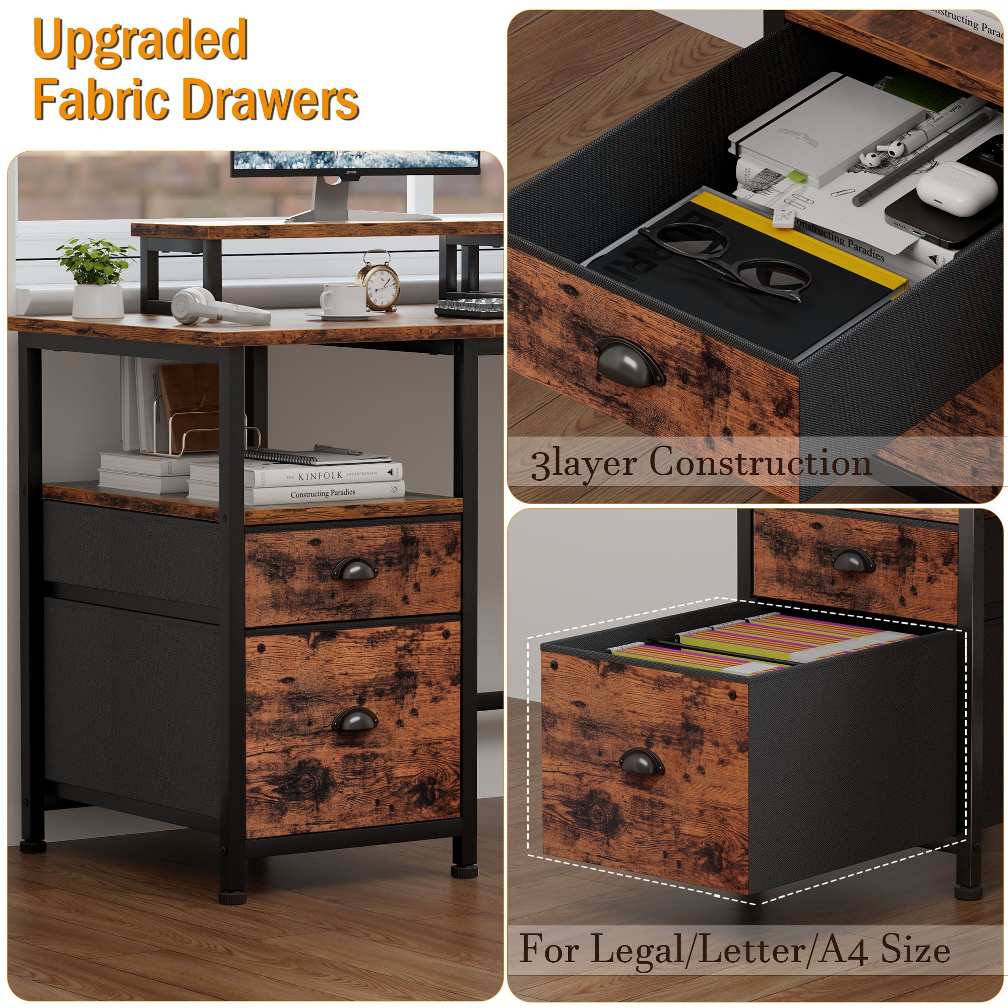 Furnulem 47" Computer Desk with File Cabinet and Power Outlets, Home Office Desk with 2 Monitor Stands and Storage Drawer
